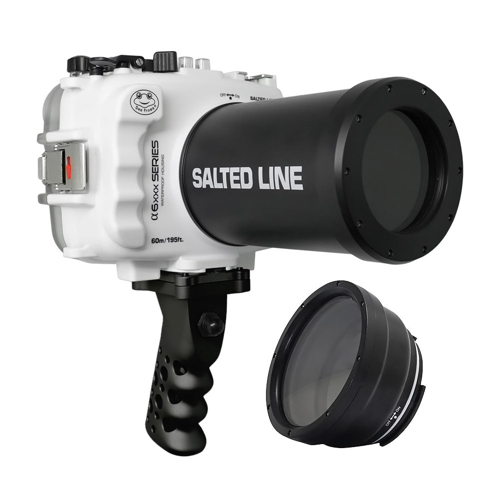 SeaFrogs 60M/195FT Waterproof Housing for Sony A6xxx Series - Salted Line Aluminum Pistol Grip & 55-210mm Lens Port (White) / GEN 3 - Perfect for Underwater Photography, Scuba Diving & Marine Exploration