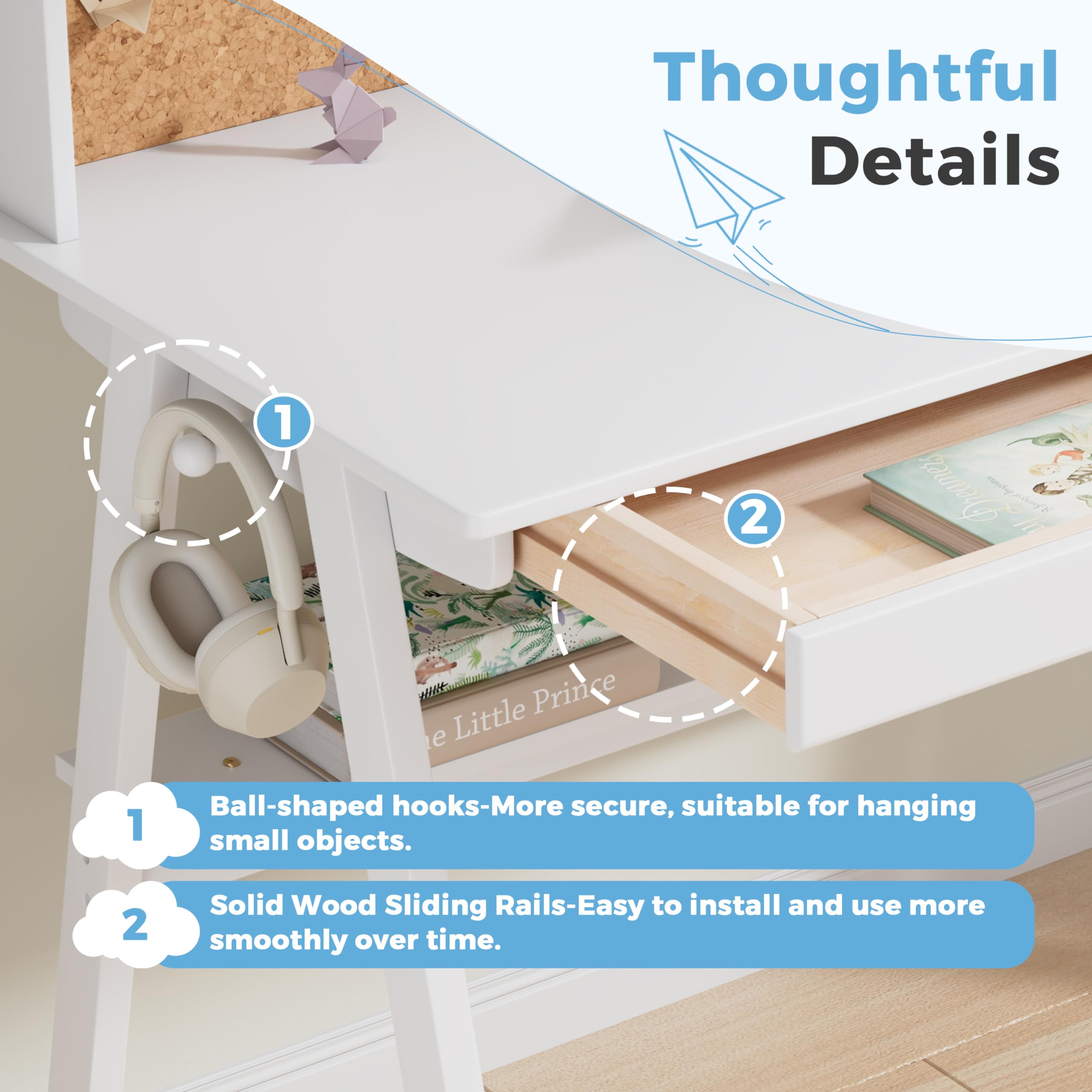 DELAVIN 39.37 Inch Kids Study Desk and Chair Set - Solid Wood Children's Computer Desk with Storage Drawers & Cork Bulletin Board - White Kids Furniture for Bedroom, Homeschool & Playroom