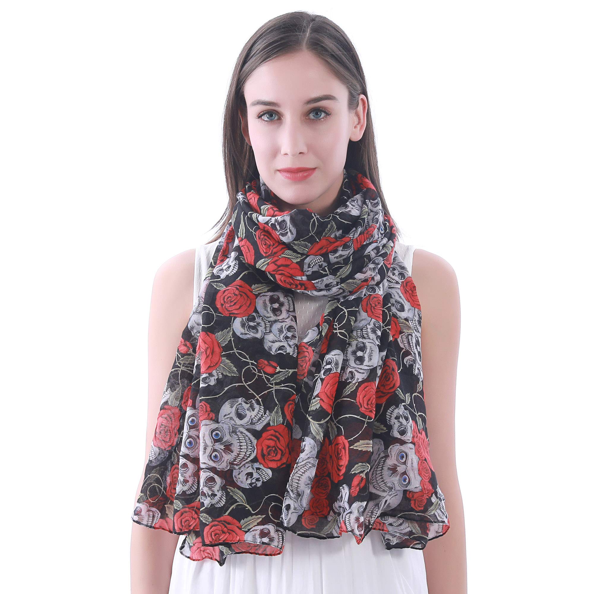 Lina & Lily Women's Skull Rose Print Scarf Shawl Wrap - Stylish Fashion Accessory for Winter, Fall, and Evening Outfits