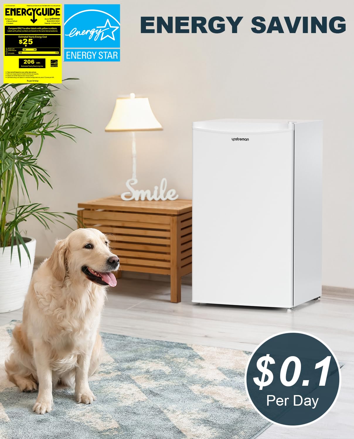 Upstreman 3.2 Cu.Ft Mini Fridge with Freezer - Compact Single Door Refrigerator with Adjustable Thermostat, Perfect for Dorm, Office, Bedroom & Small Spaces - Energy Efficient & Quiet Cooling - White (BR321) | Great for Snacks, Drinks & Personal Storage