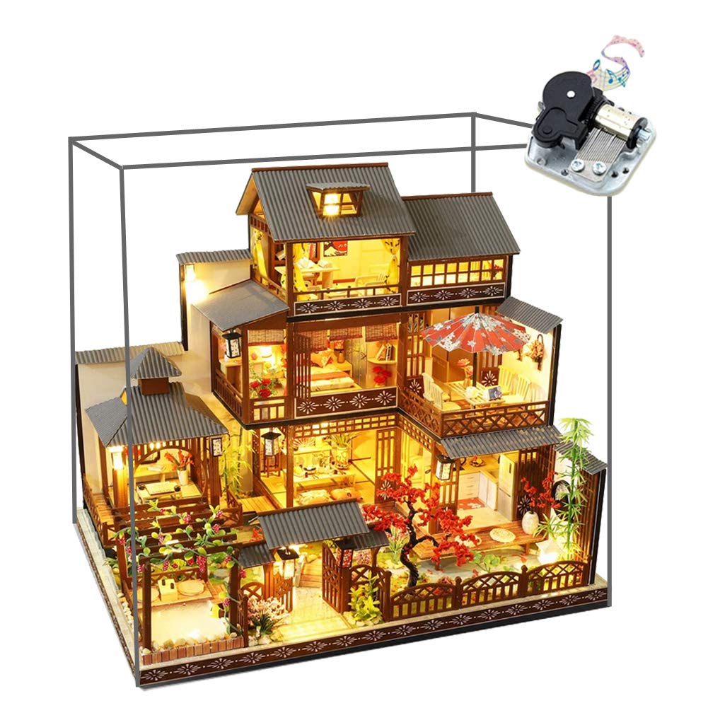 3D Wooden Japanese-Style Villa Dollhouse Kit - 3-Story DIY Assembled Puzzle with Mini Furniture & LED Lights - Creative Craft Toy for Kids, Adults, Home Decor - Perfect Gift for Friends & Parents (Includes Dust Cover & Music Box) - Great for Birthday Presents, Room Decor, and Family Bonding Activities