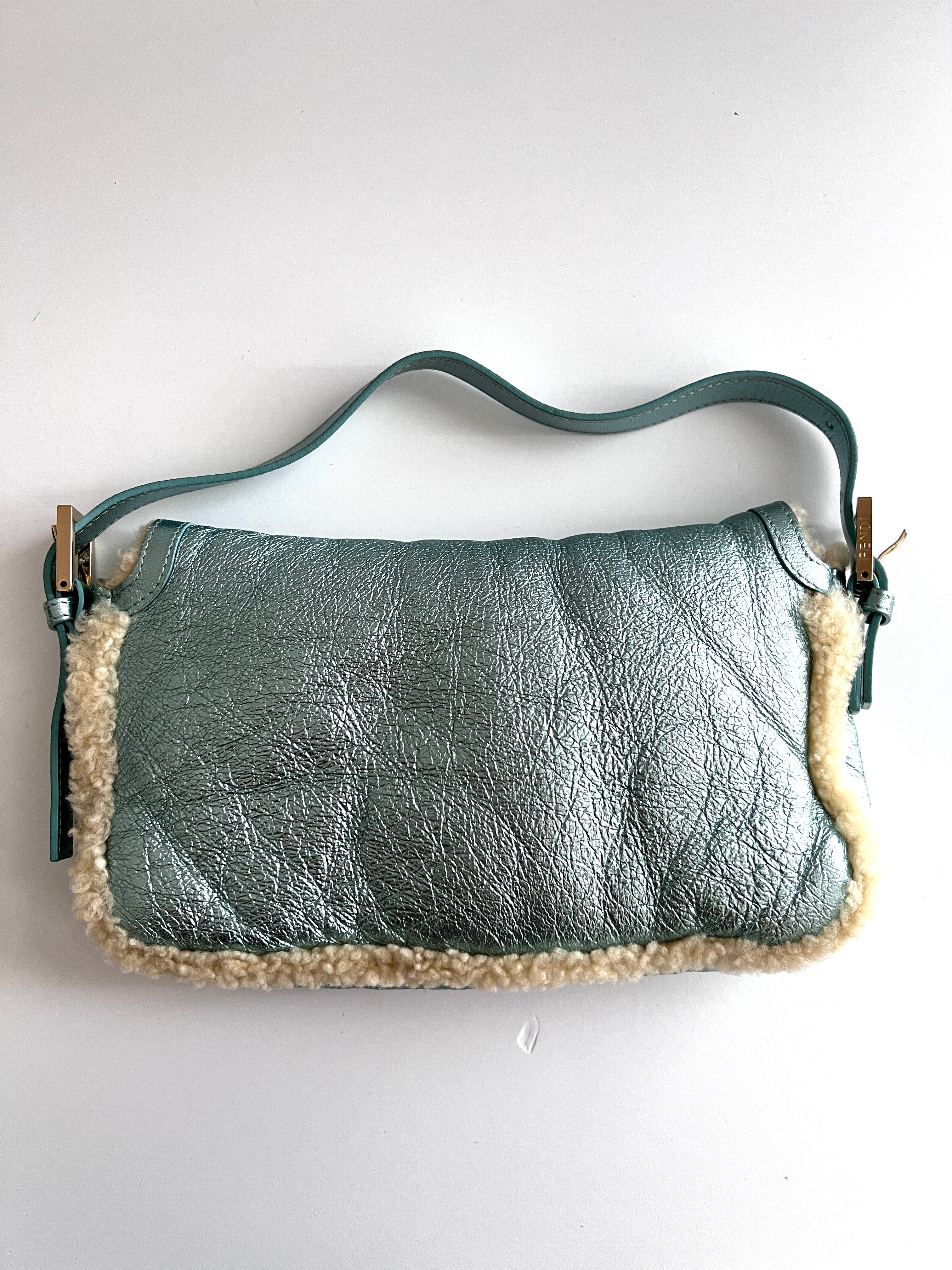 Fendi Metallic Ice Blue Shearling Baguette Bag - Luxury Shoulder Purse for Women, Perfect for Parties, Events & Everyday Use