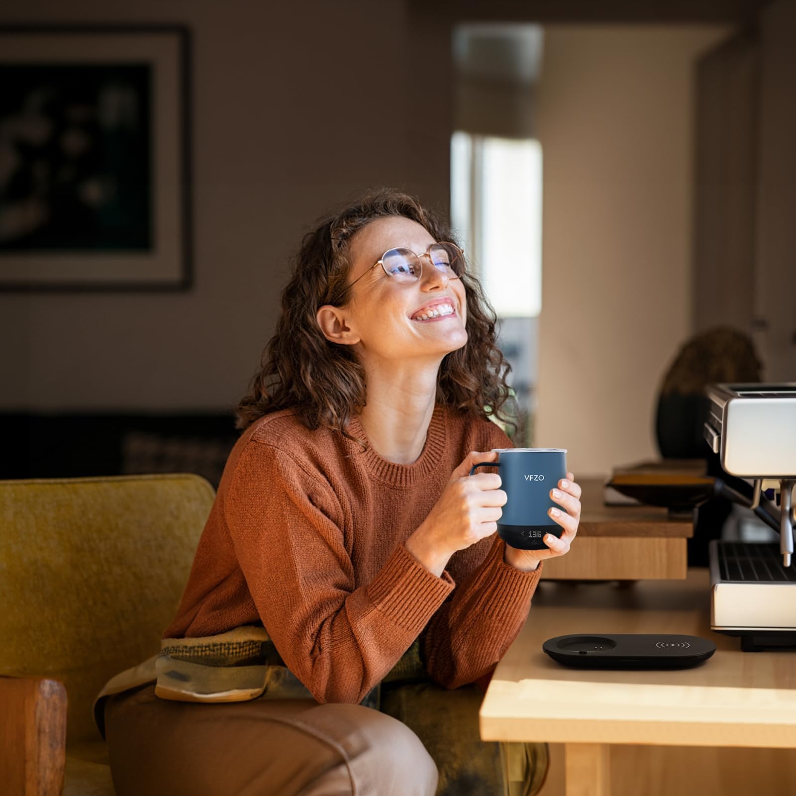 Smart Self-Heating Coffee Mug with Temperature Control & LED Display - 12oz Slate Blue, 180 Min Battery Life, Fast Wireless Charging Base (Keeps Coffee Hot up to 149℉) - Perfect for Office, Travel & Home Use