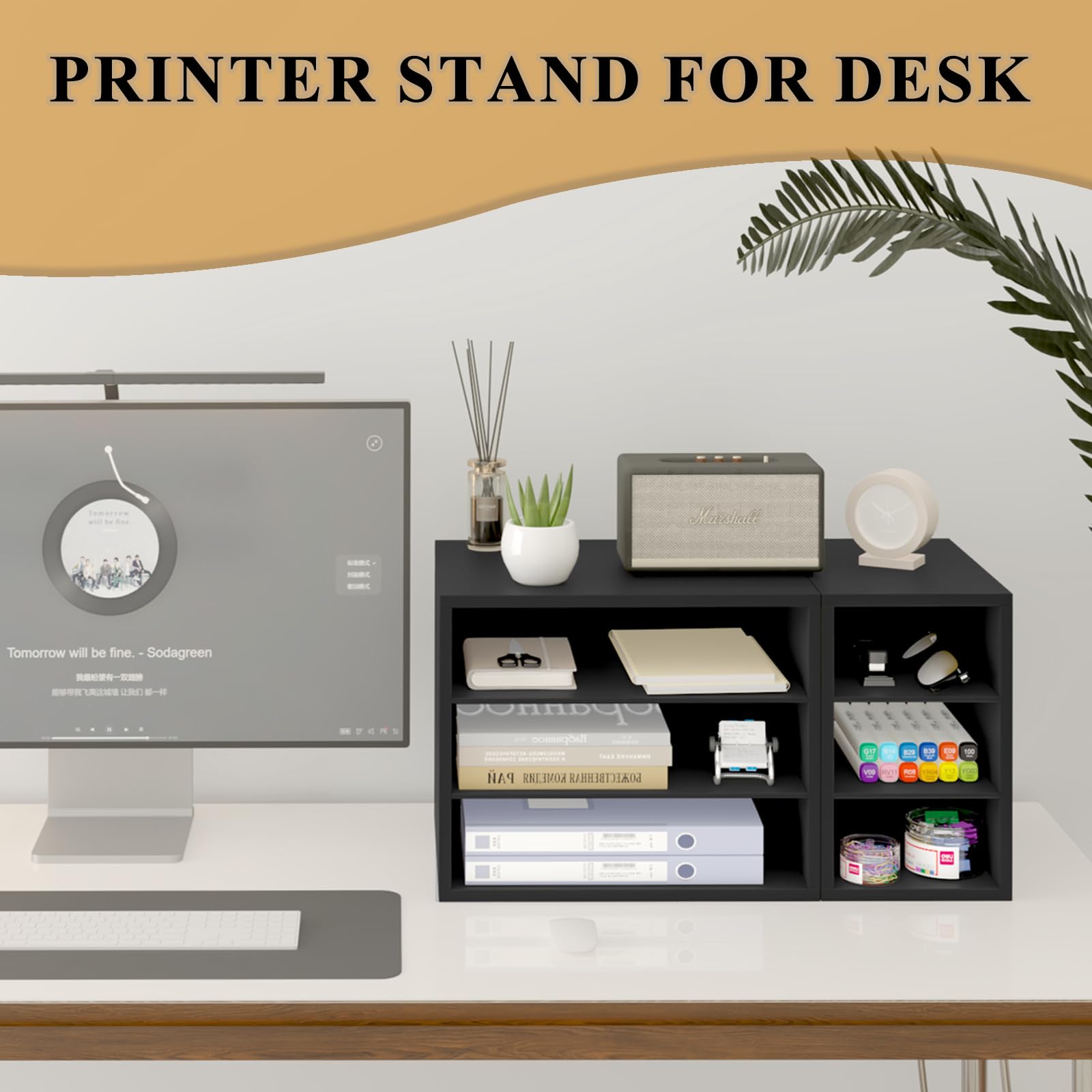 22.5x11.8 Inch Wooden Printer Stand with 6 Storage Compartments | Large Desktop Organizer Shelf for Home & Office | Perfect for Printer Riser, Paper & File Organization (Black)