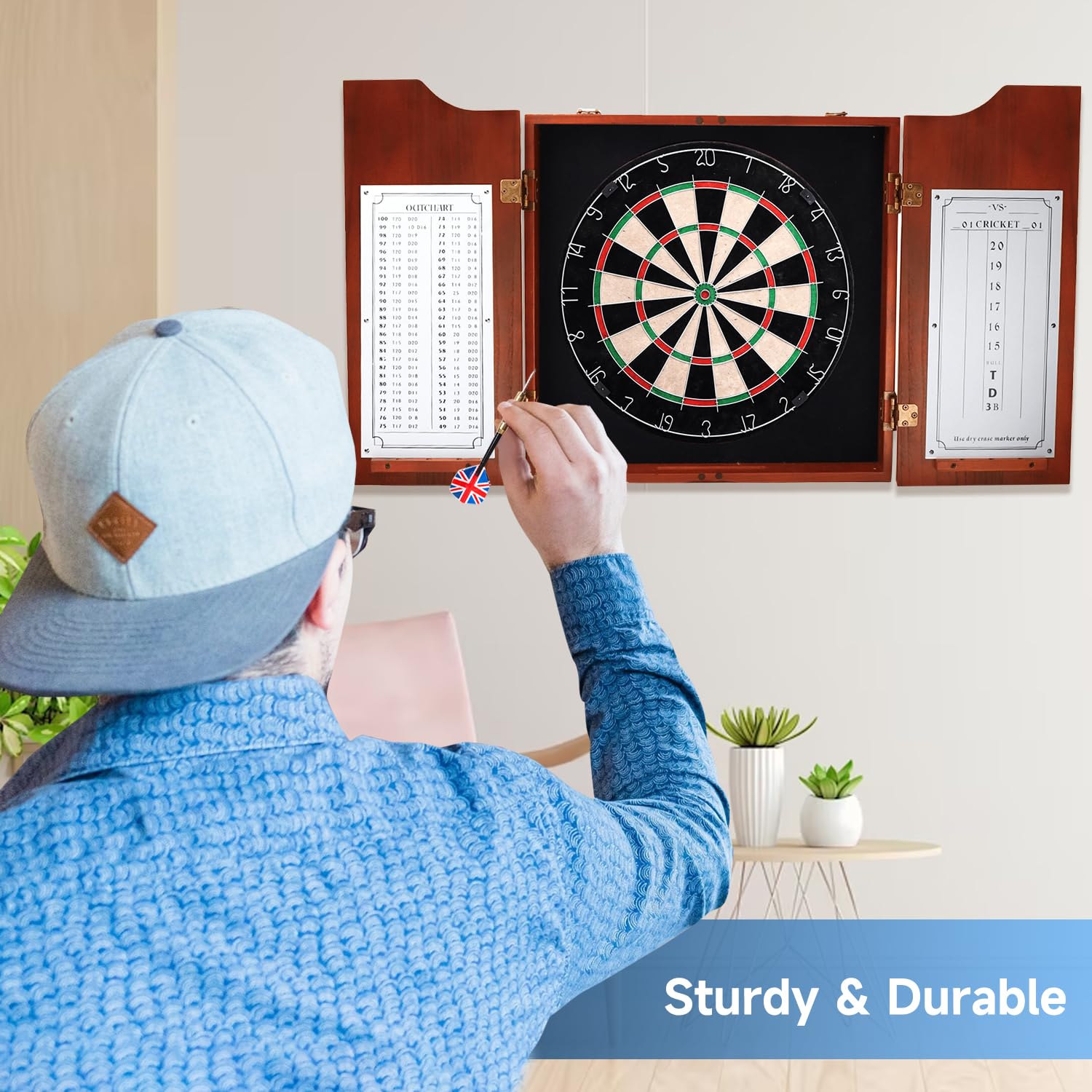 GSE Games & Sports Expert Professional Solid Wood Dartboard Cabinet with Sisal Bristle Board - Includes Scoreboard, 6 Steel Tip Darts & All Accessories (Mahogany) | Perfect for Game Rooms, Bars & Home Entertainment