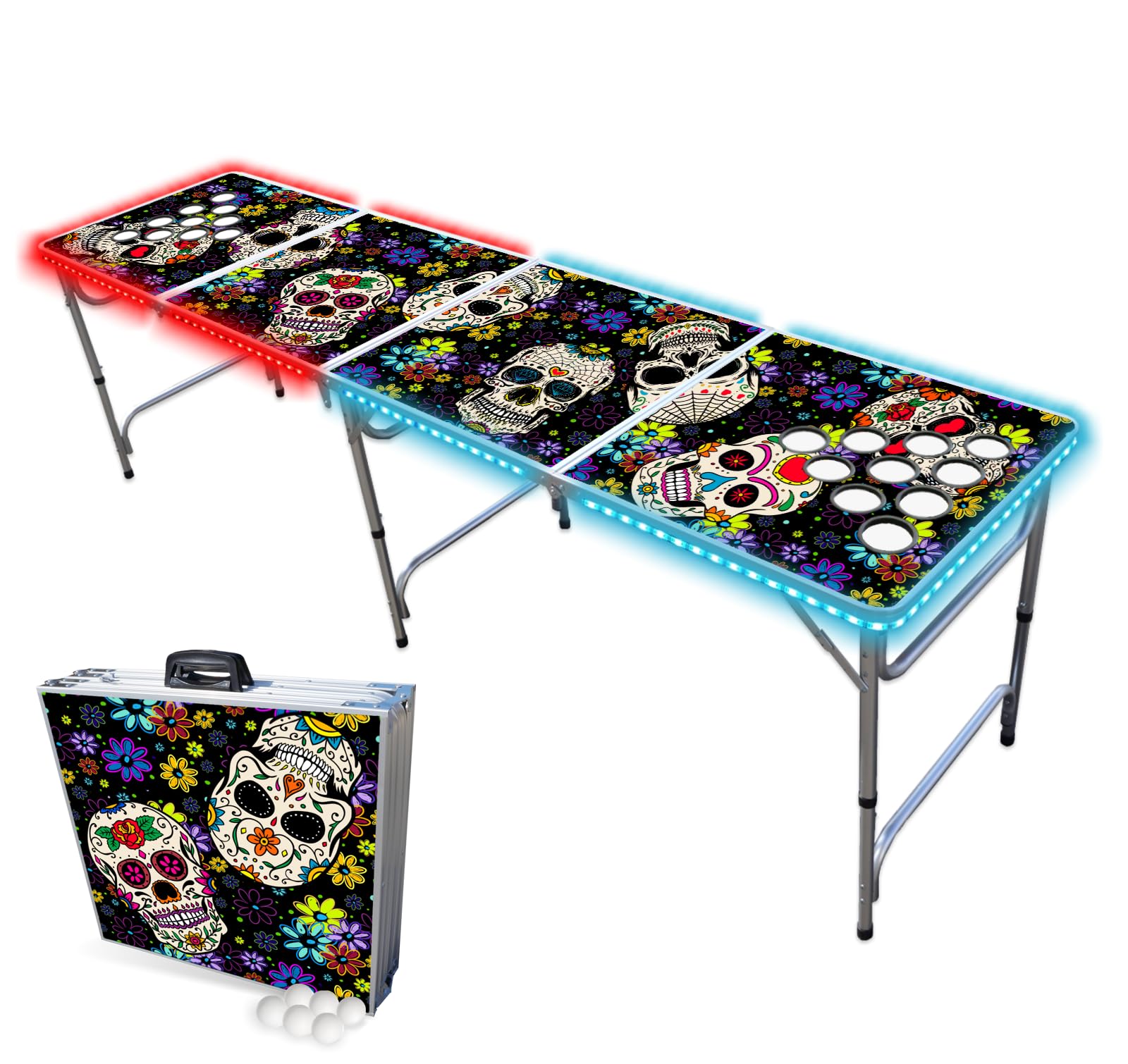 PARTYPONG 8-Foot Folding Beer Pong Table with Cup Holes & LED Lights - Dia de Los Muertos Edition | Portable Party Game Table for Outdoor Gatherings, Tailgates & College Events