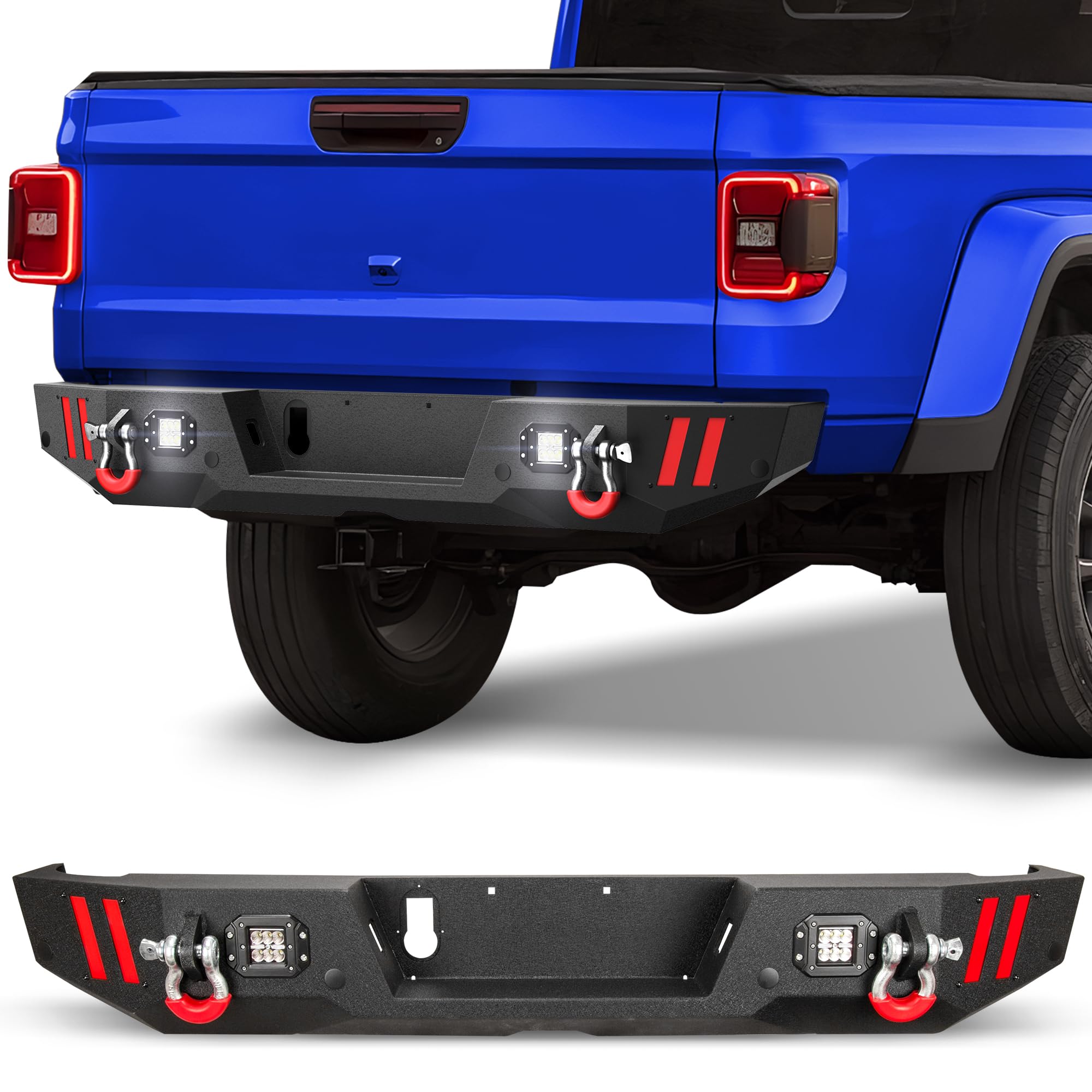 Textured Black Rear Bumper with LED Lights for Jeep Gladiator JT (2020-2024) - Full Width Bumper with Sensor Holes, D-Rings & DIY Plate - Perfect for Off-Roading, Overlanding & Truck Upgrades