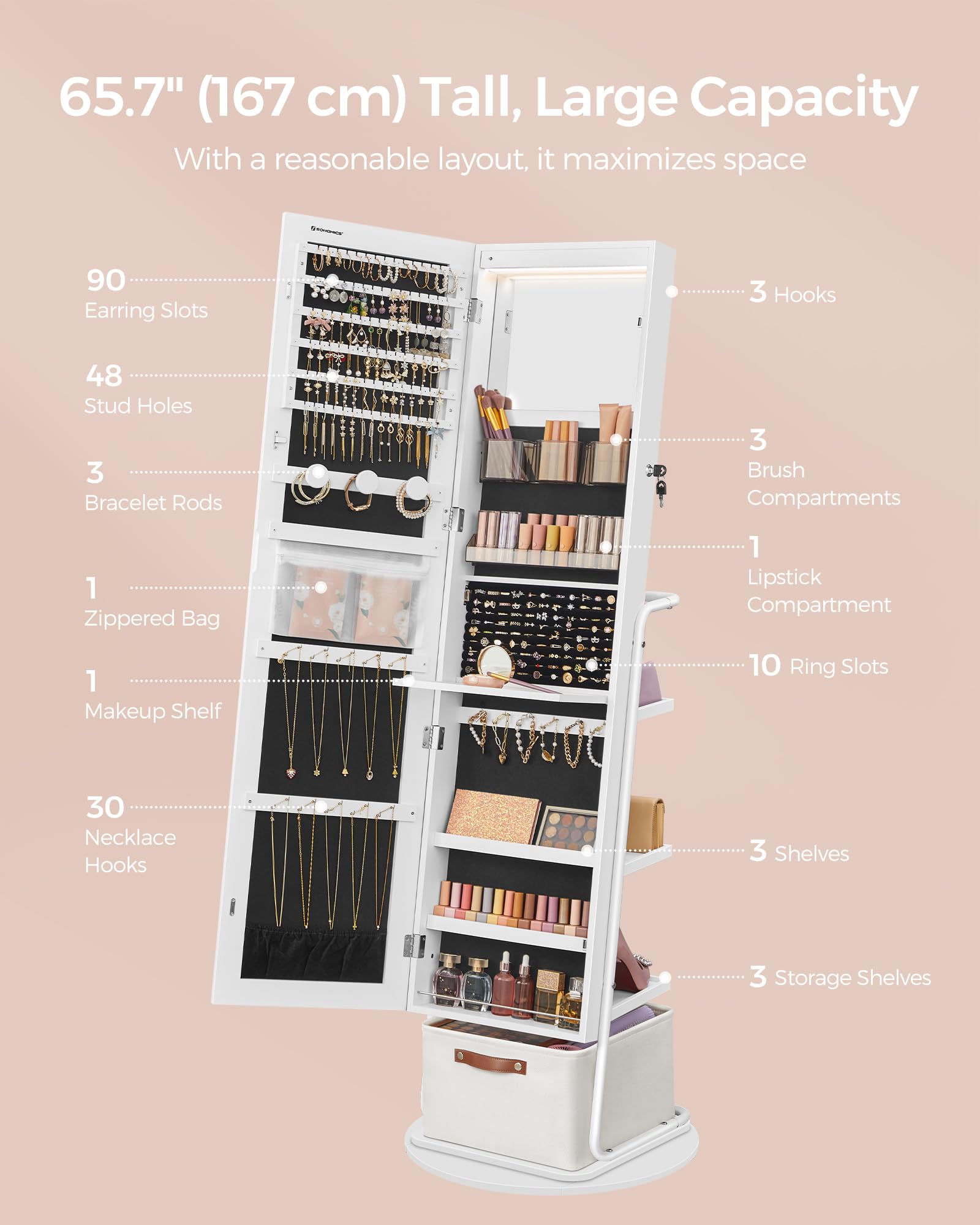 SONGMICS 360° Swivel Jewelry Cabinet with LED Lights - Full Length Mirror & Jewelry Storage Organizer - Standing Jewelry Armoire with Makeup Shelf & Storage Basket - Cloud White UJJC018W01 - Perfect for Bedroom, Dressing Room & Vanity Organization