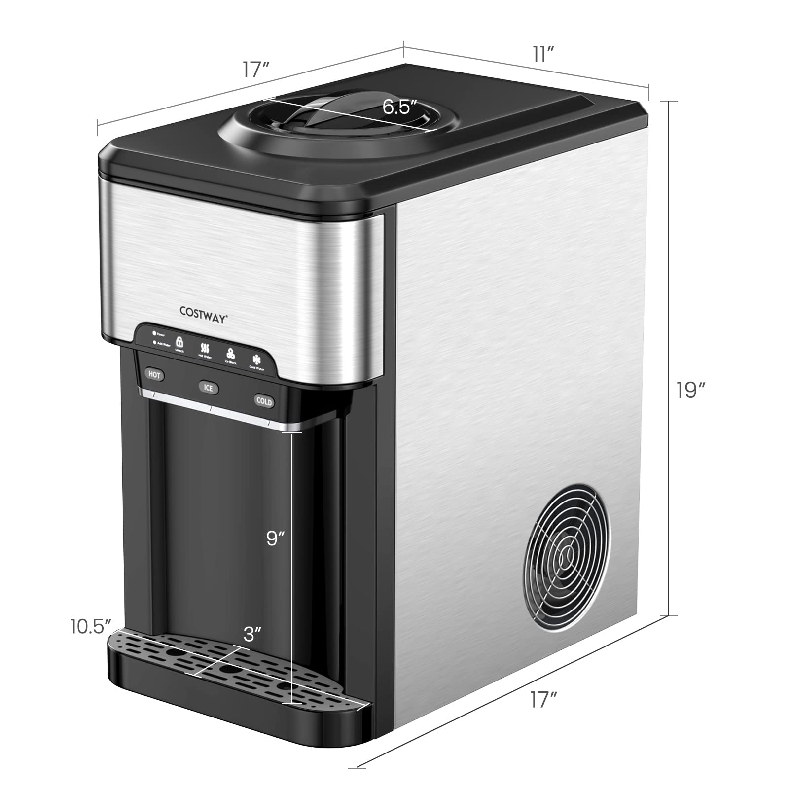 COSTWAY 3-in-1 Countertop Water Dispenser with Ice Maker, Hot & Cold Water Cooler, Safety Lock, 3-5 Gallon Capacity, 48Lbs/24H Ice Production, 12 Ice Cubes, 4Lbs Storage Basket - Perfect for Home, Office, and Kitchen Use