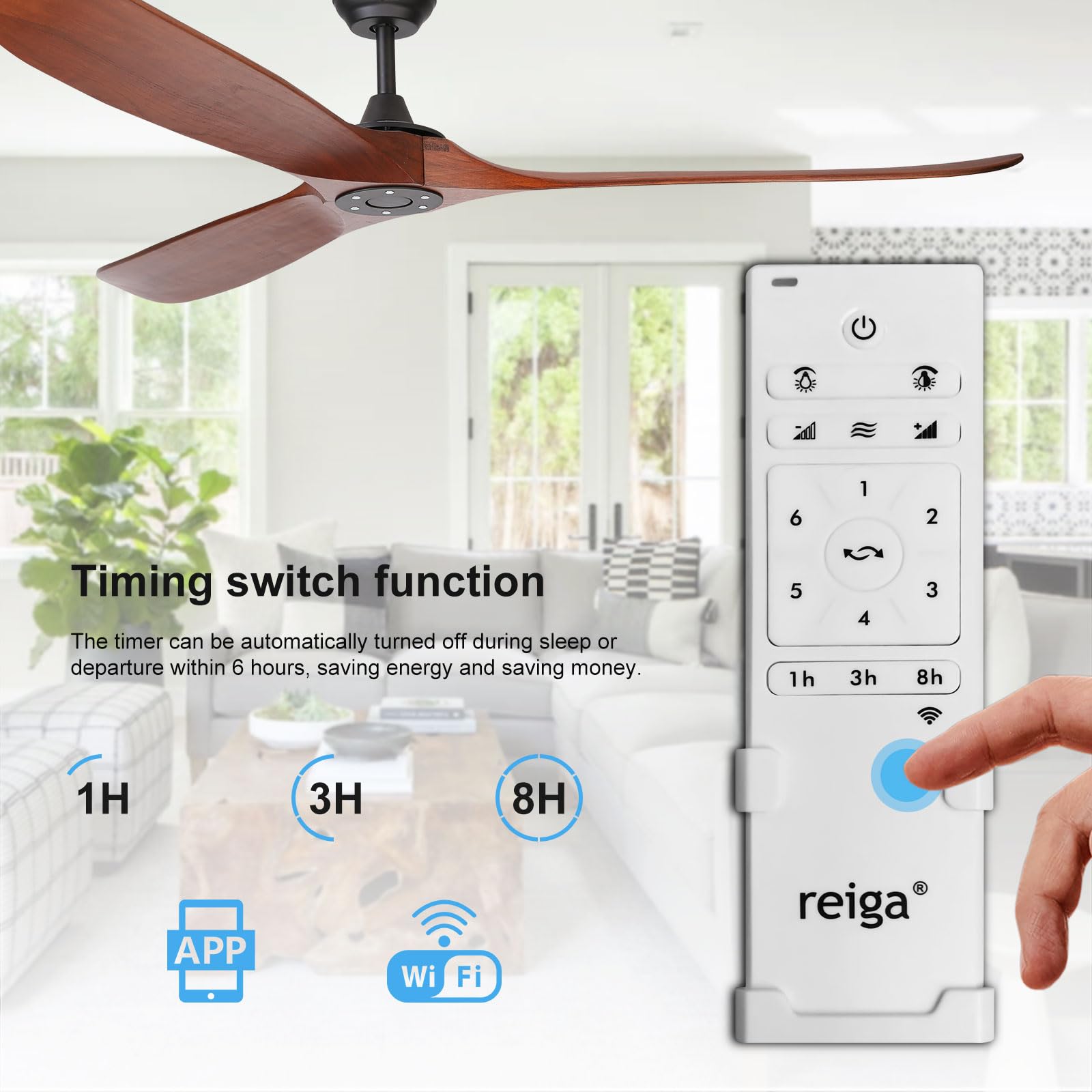 Reiga 70 Inch Large Wood Ceiling Fan Without Light - 3 Blade Indoor/Outdoor High Airflow Silent Smart Ceiling Fan with Remote Control - Perfect for Living Room, Bedroom, Exterior Patio, Porch, and Outdoor Spaces