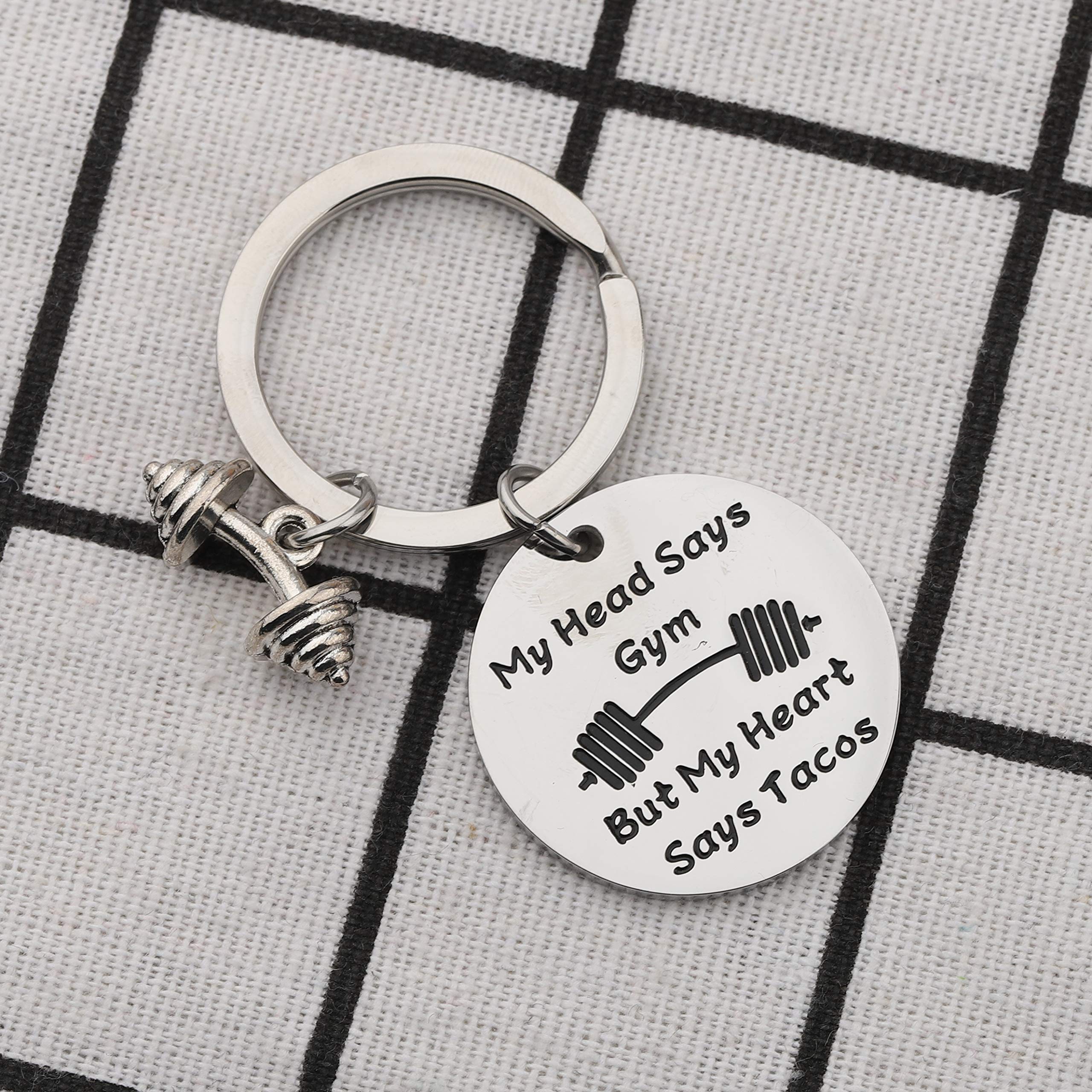 BEKECH Gym Keychain - My Head Says Gym But My Heart Says Tacos - Motivational Fitness Jewelry for Workouts, Gifts & Gym Lovers