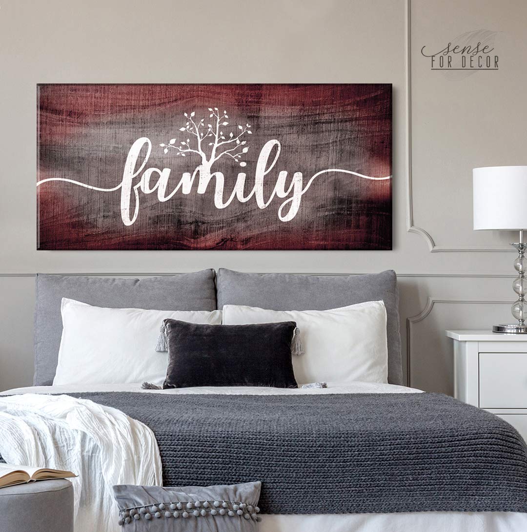 Farmhouse Family Word Sign Wall Art - Large 60 x 27 Inch Ready to Hang Living Room Decor - Rustic Country Wall Hanging for Home, Bedroom & Entryway (Wine Red)