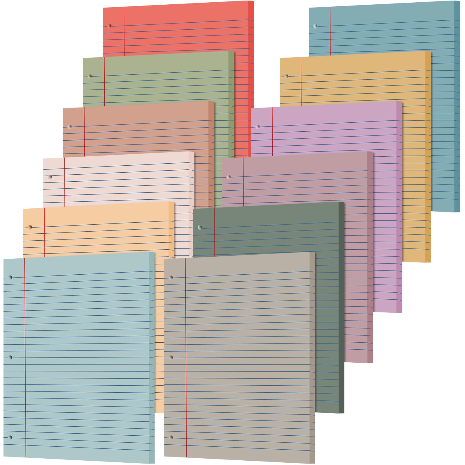 PerKoop 12 Pack 600 Sheets Wide Ruled Lined Paper - 8 x 10.5 Inch Bulk Loose Leaf Notebook Paper with 3 Hole Punches for School, Office & Home Use - Back to School Supplies (Retro Color)