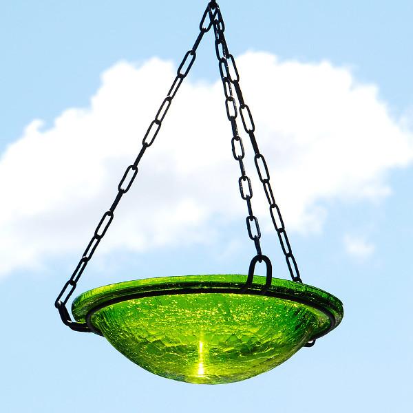 Fern Green Crackle Glass Birdbath Bowl for Garden Decor - Handmade Outdoor Bird Feeder with Crackled Texture, Perfect for Attracting Birds to Your Backyard or Patio