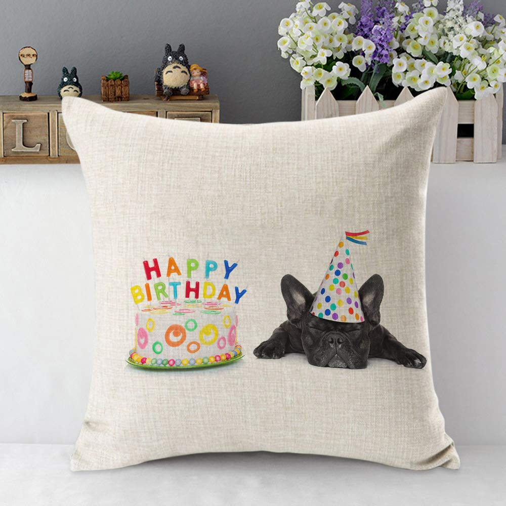 French Bulldog Decorative Pillow Cover - Cute Birthday Party Design with Cake, Candles & Hat (20x20 Inch) | Cotton Linen Square Throw Pillow Case for Couch, Bed, Sofa | Perfect for Home Decor, Living Room Accents & Pet Lover Gifts