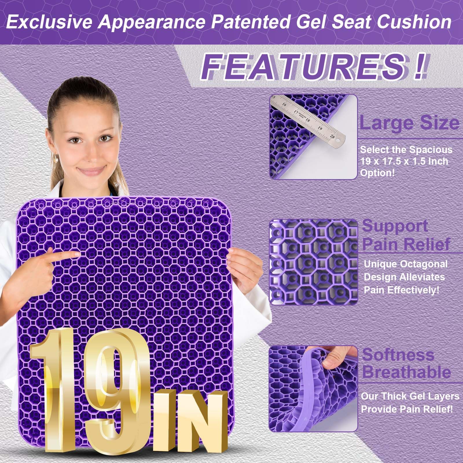 Gel Seat Cushion for Back Pain Relief - Orthopedic Comfort Pad for Sciatica & Tailbone Support (19 Inch) | Ideal for Office Chairs, Car Seats, Wheelchairs & Long Trips | Ergonomic Design for Extended Sitting Comfort