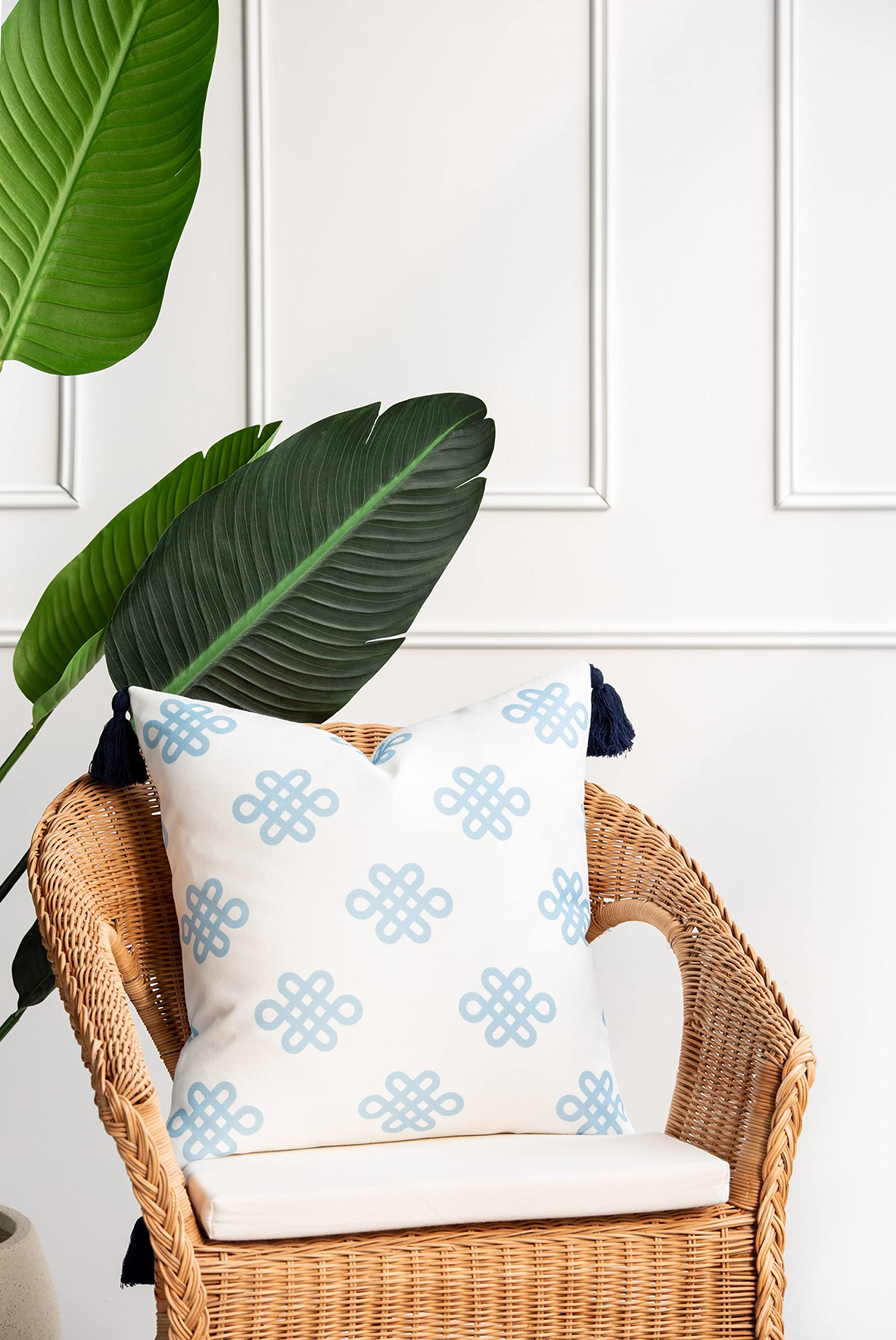 Blue Greek Key Knot Tassel Pillow Cover 18x18 - Coastal Style Indoor Outdoor Decorative Cushion for Patio, Sofa & Bedroom Decor
