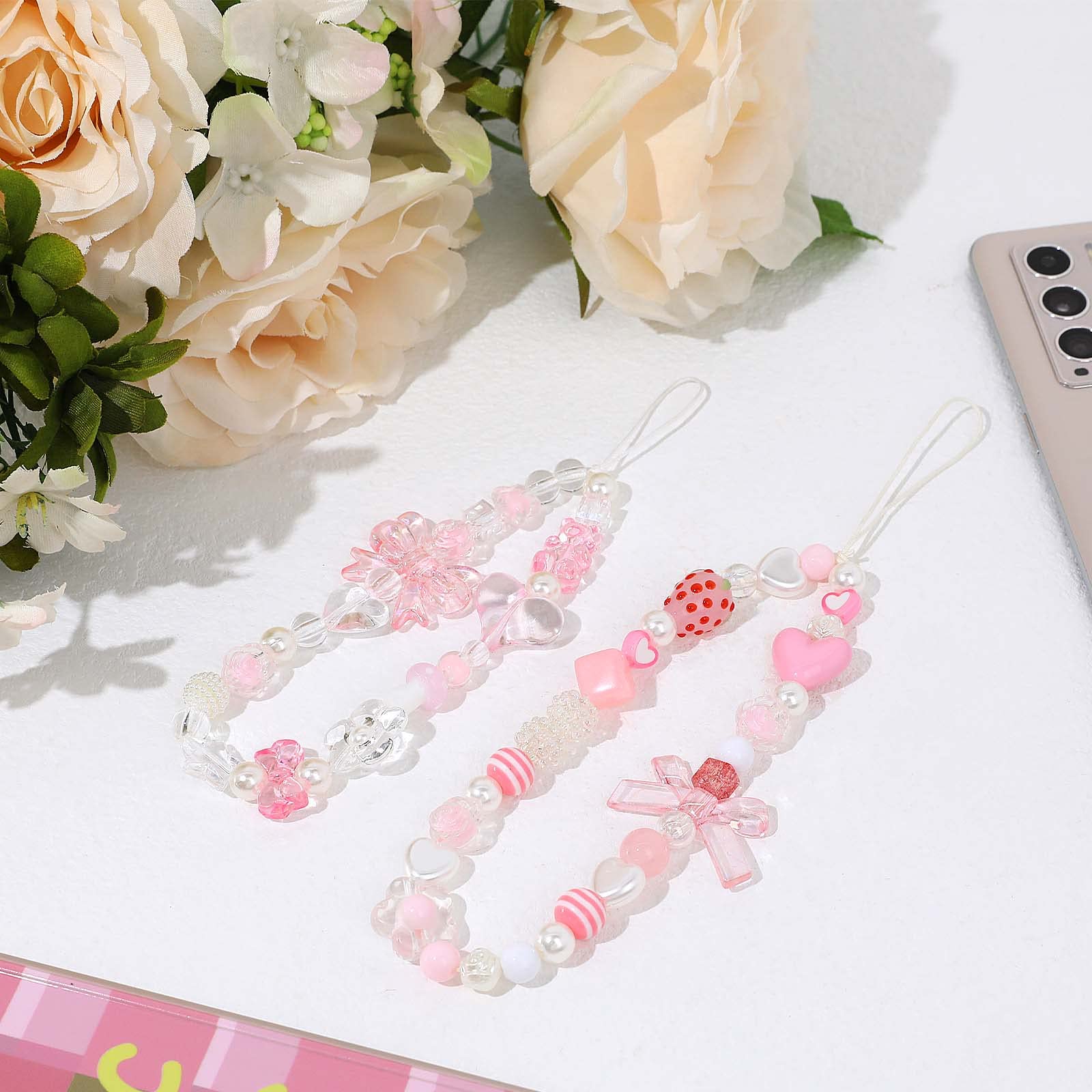 Adorable Pink Love Bow Phone Charm Lanyard - Cute Phone Strap with Beads for Women (2 Pack) - Perfect for Phone Decoration, Wrist Strap & Gift Giving