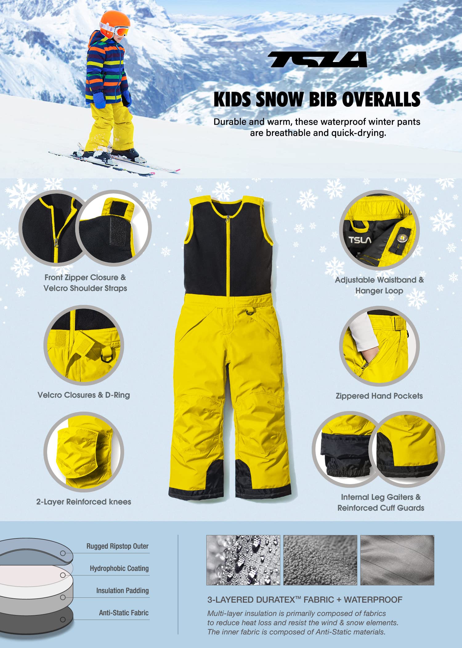 TSLA Kids Winter Snow Bibs for Boys & Girls - Waterproof Insulated Snowboard Overalls with Ripstop Fabric - Perfect for Skiing, Snowboarding & Outdoor Winter Play