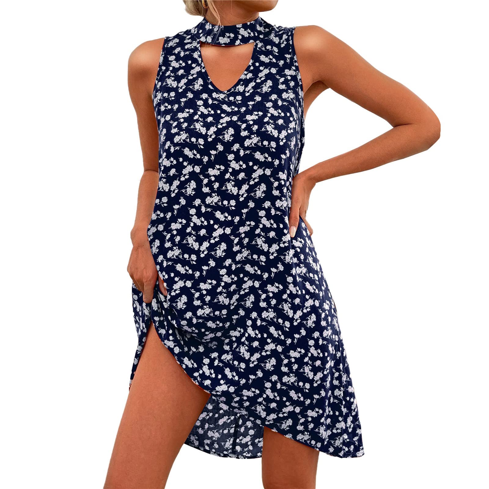 Women's Floral Print Sleeveless Halter A-Line Dress - Sexy Summer Party Dress in Blue | Perfect for Beach Vacations, Cocktail Parties & Date Nights