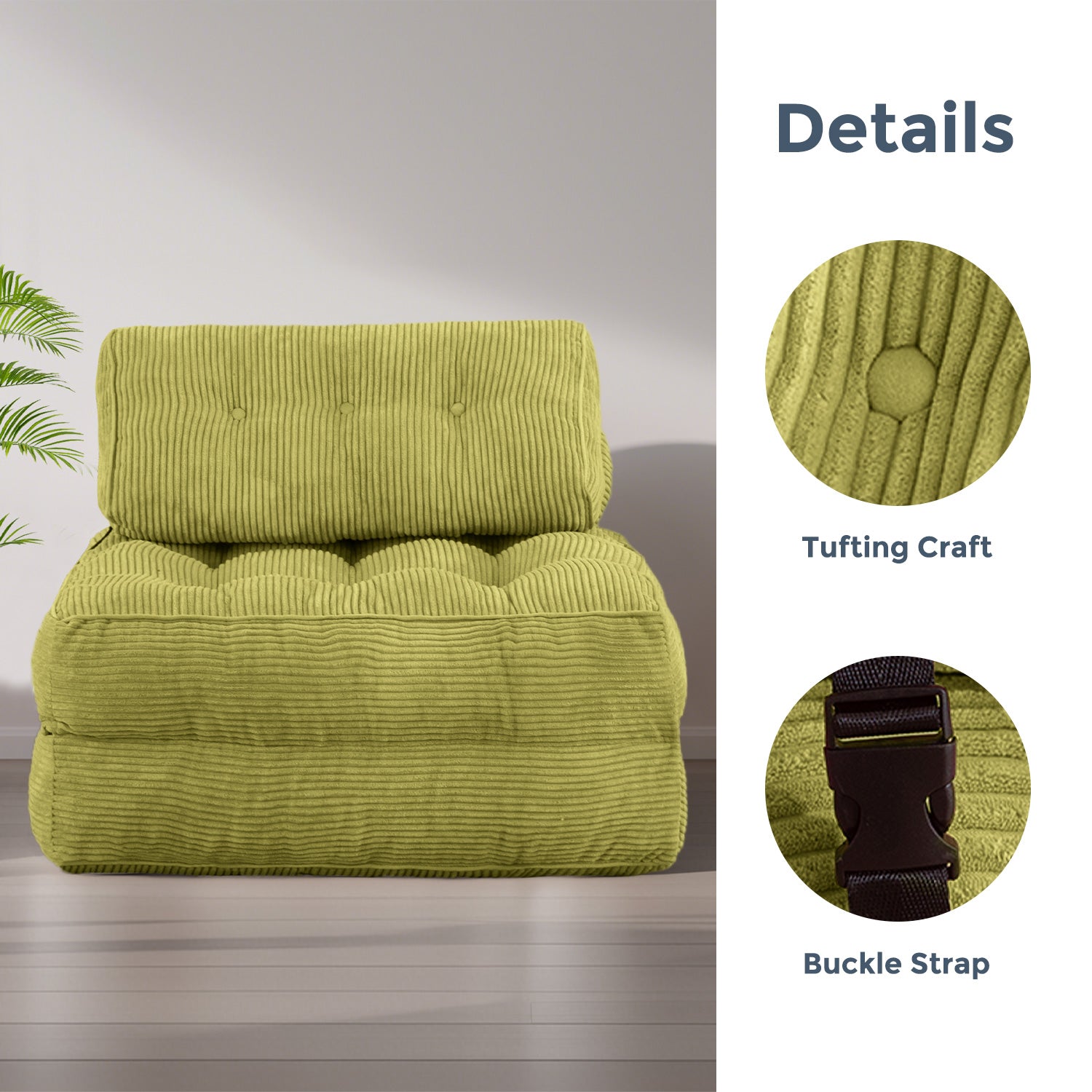 MAXYOYO Corduroy Folding Sofa Bed - Convertible Sleeper Chair with Pillow & Foldable Mattress, Back Support for Living Room, Guest Room & Small Spaces (Green) | Perfect for Apartments, Dorms & Home Offices