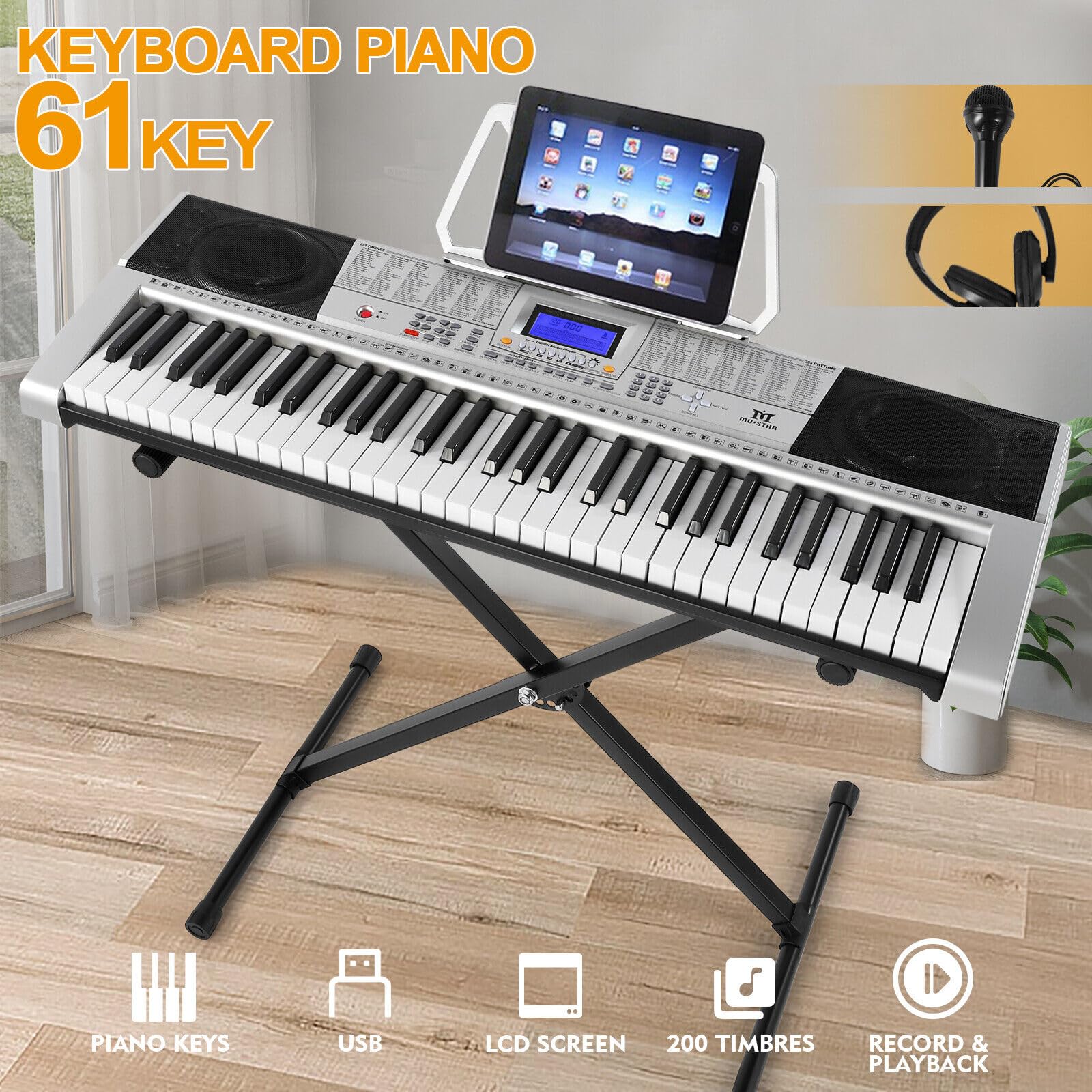 **MUSTAR 61-Key Light-Up Electric Keyboard Piano with Stand, Headphones & Microphone – Beginner Digital Piano with LCD Screen – Perfect for Learning, Holiday & Birthday Gifts (Silver)** – Ideal for Home Practice, Music Lessons & Live Performances