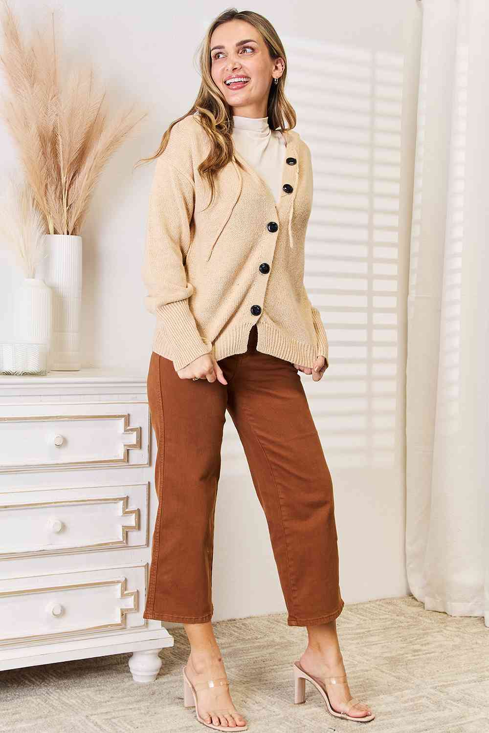 Stylish Tan Button Down Long Sleeve Hooded Sweater for Men & Women | Cozy Fall & Winter Pullover | Perfect for Casual Outfits, Layering and Outdoor Activities