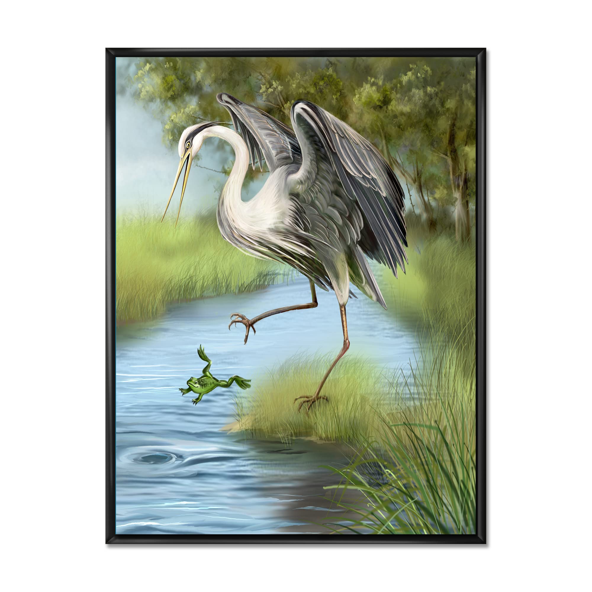 Farmhouse Framed Canvas Wall Art Print - DesignQ Crane Hunting A Frog In The Water - Perfect for Living Room, Bedroom & Office Decor