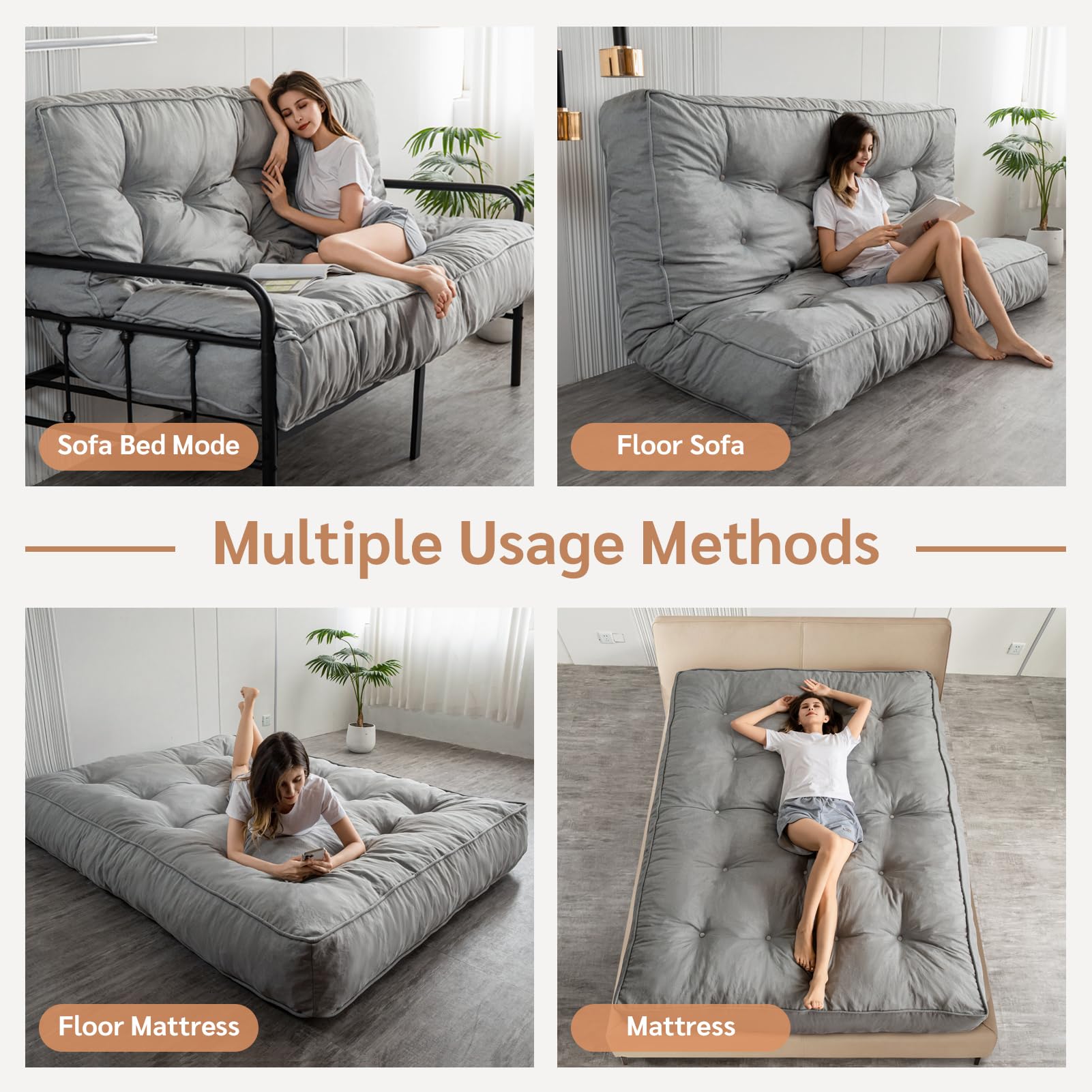 YOSHOOT 8 Inch Full Size Futon Mattress - Thick Sofa Bed & Floor Mattress for Adults with Shredded Foam Filling - Medium Firm Support (54