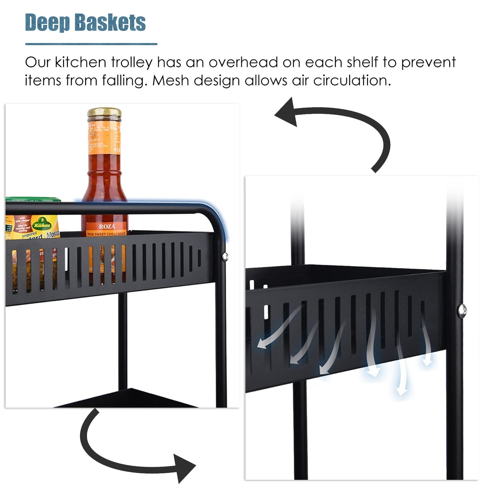 Heavy Duty Kitchen Utility Cart with Wheels, Narrow Black Standing Shelf Unit for Home Pantry & Small Spaces, Slim Rolling Storage Rack - Perfect for Compact Kitchens, Dorm Rooms & Apartment Living