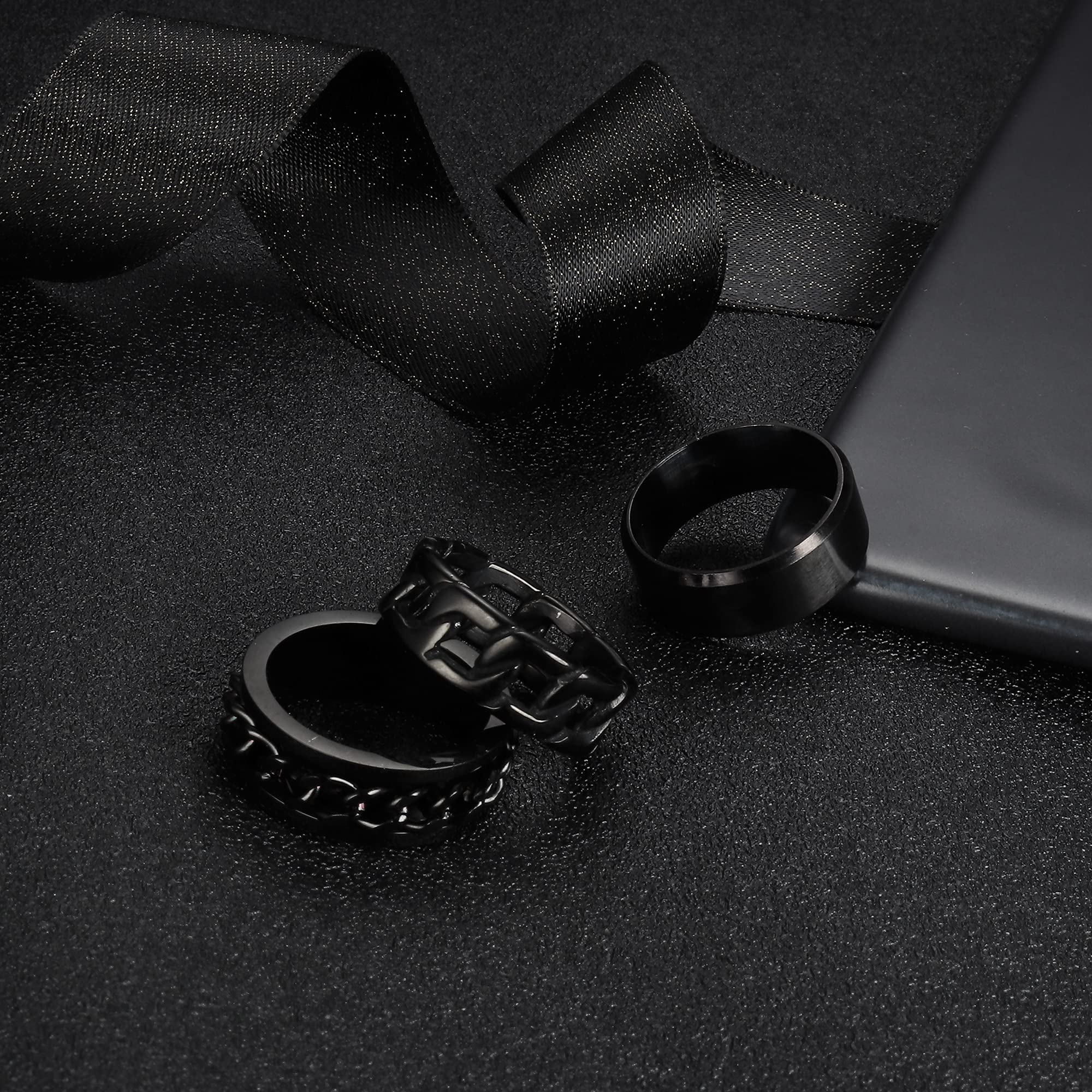 ORAZIO 3Pcs Stainless Steel Rings for Men & Women - Silver Plain Band, Cuban Link Chain & Spinner Ring Set, Size 6-14 - Wedding, Promise & Fashion Jewelry for Everyday Wear & Special Occasions