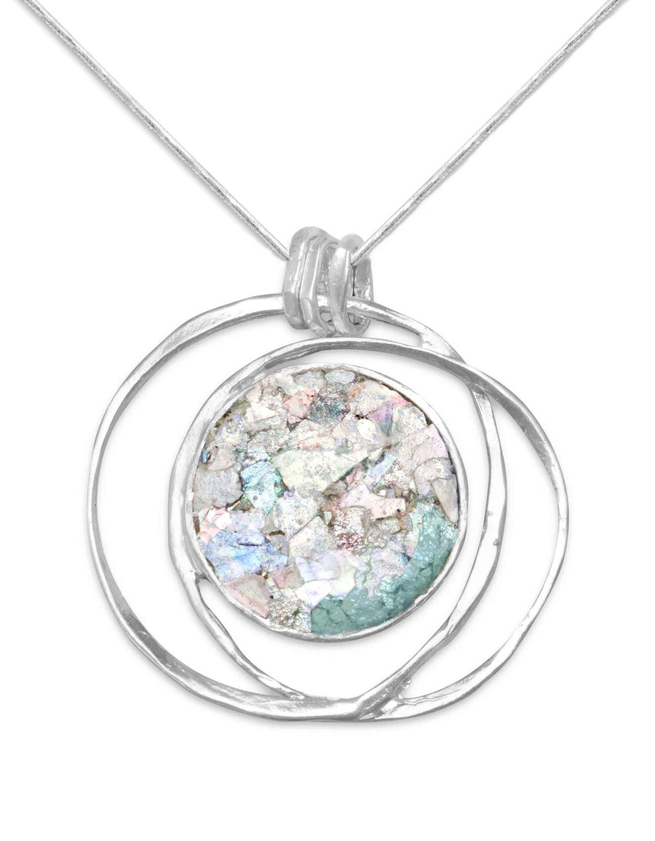 Ancient Roman Glass Hoop Pendant Necklace - Textured Sterling Silver with 18