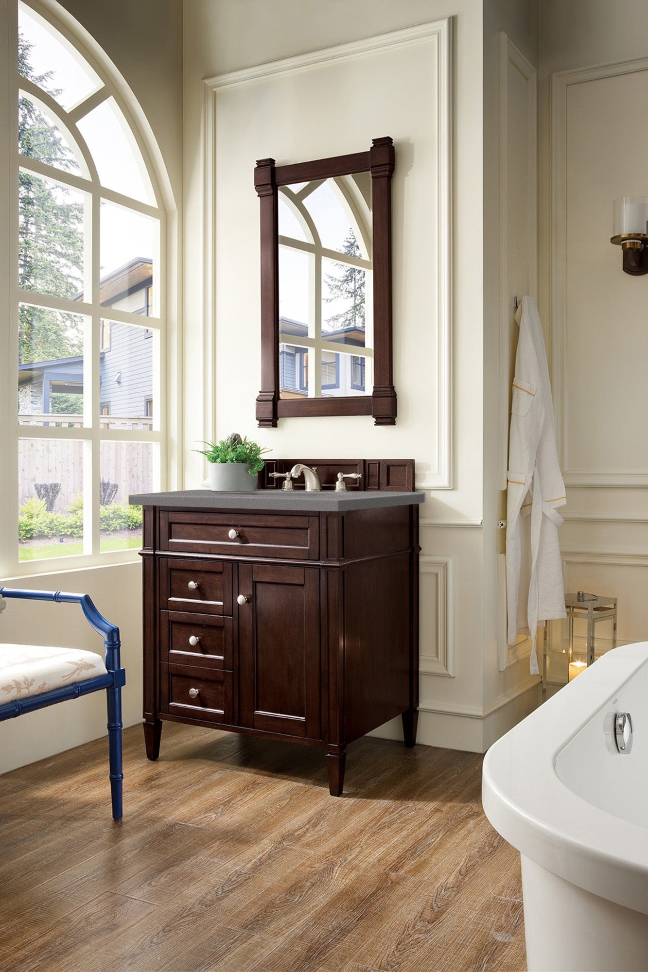 Brittany 30-Inch Single Bathroom Vanity with Burnished Mahogany Finish & 3CM Grey Expo Quartz Countertop - Perfect for Modern Home Bathroom Remodeling