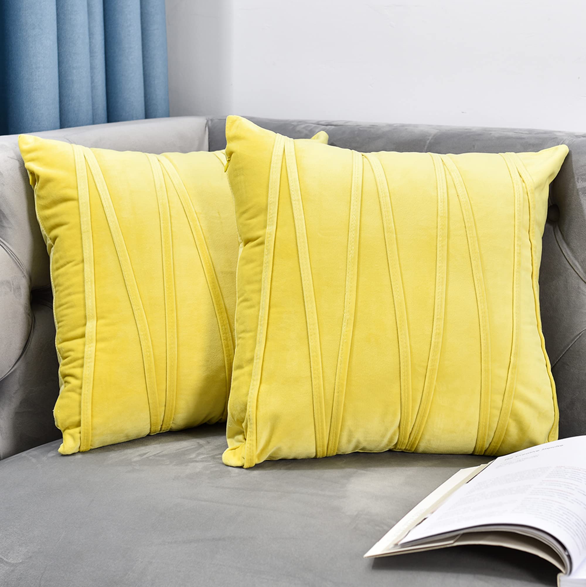 NianEr 2-Pack Velvet Throw Pillow Covers 24x24 Inches - Soft Decorative Square Cushion Cases for Sofa, Bed, Living Room - Yellow (Home Decor, Accent Pillows for Couch & Bedroom)