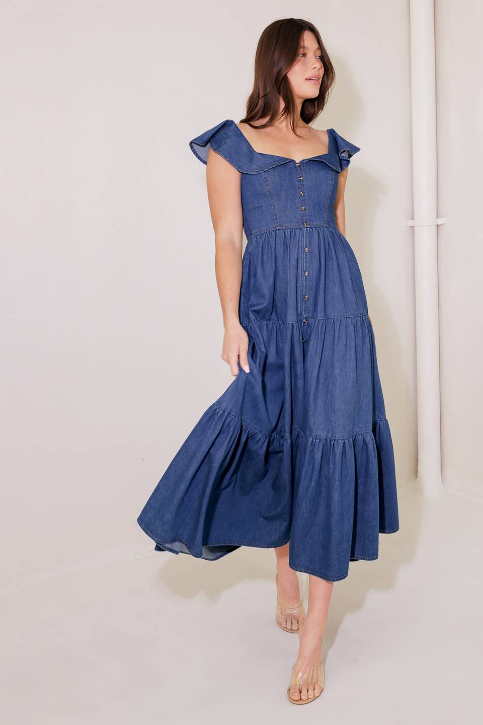 Once Upon a Time Denim Blue Midi Dress - Women's Casual Vintage Style Wrap Dress for Summer, Date Night & Office Wear