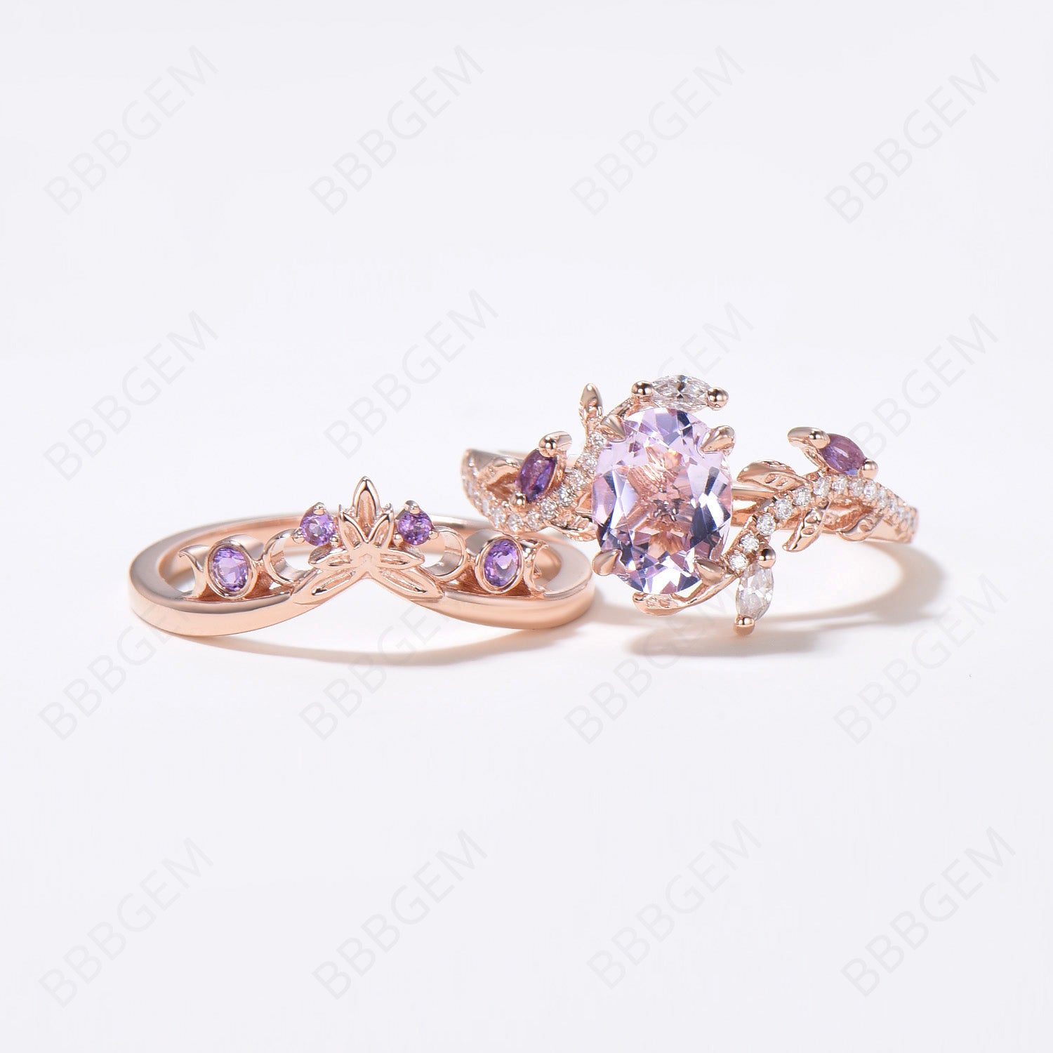 14K Rose Gold Bridal Set with 6x8mm Oval Lavender Amethyst - Elegant Wedding Jewelry for Brides, Engagement & Anniversary Gifts - Perfect for Romantic Occasions & Special Moments