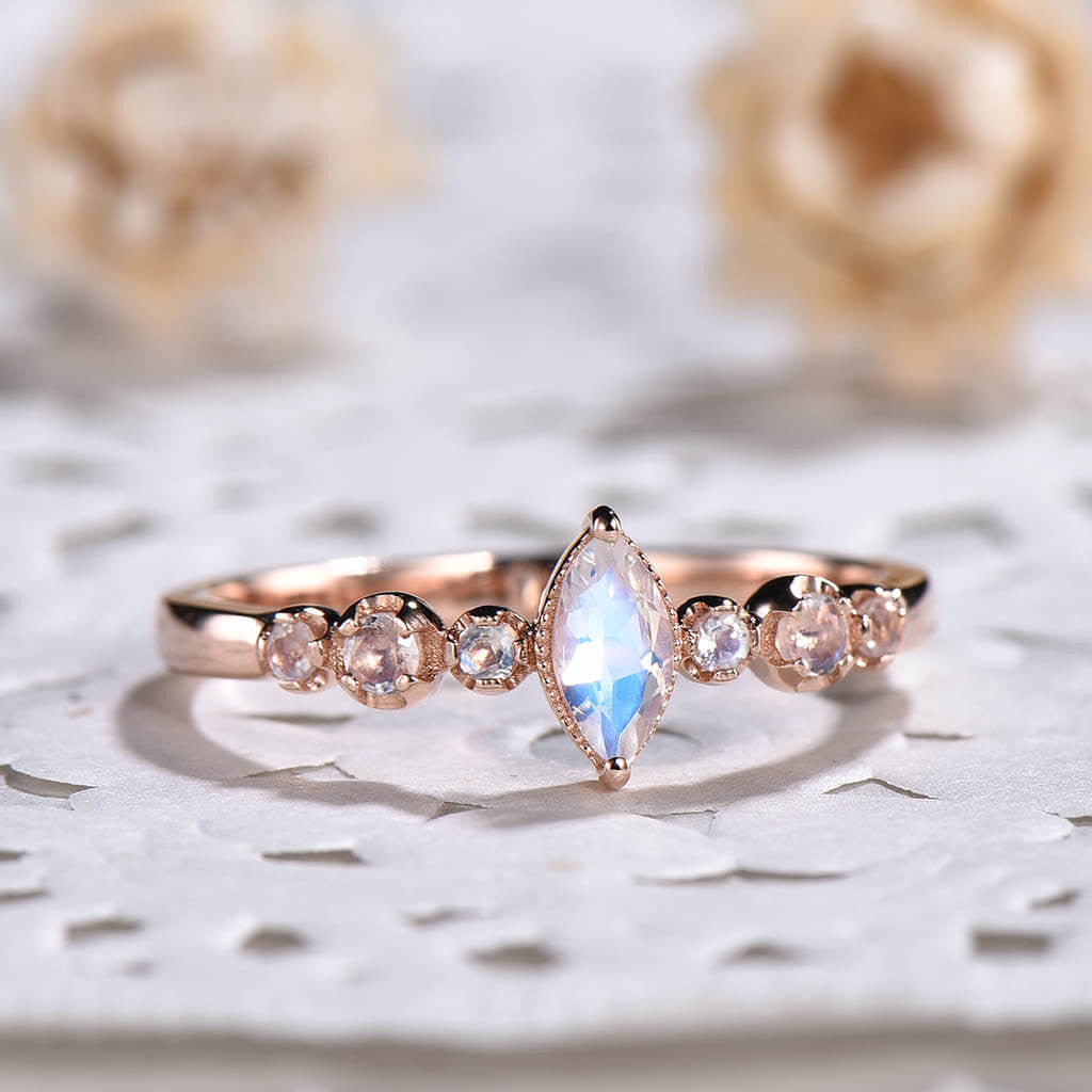 14K/18K Rose Gold Rainbow Moonstone Engagement Ring - Marquise Cut Vintage Style for Women | Wedding, Proposal, Anniversary Gift Idea