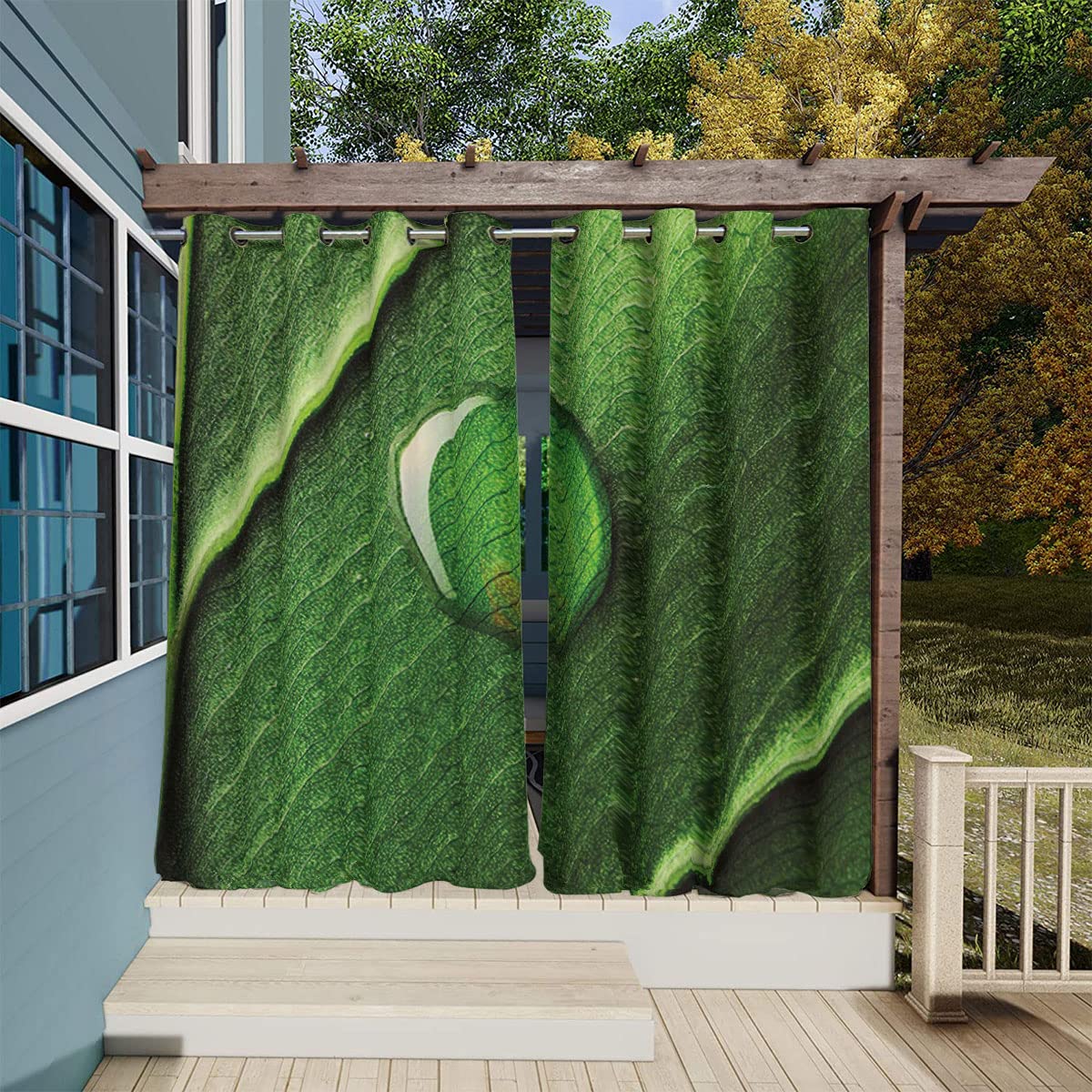 Doewoty Waterproof Balcony Curtains with Grommets - Gardening Theme Leaf Water Drop Pattern (120
