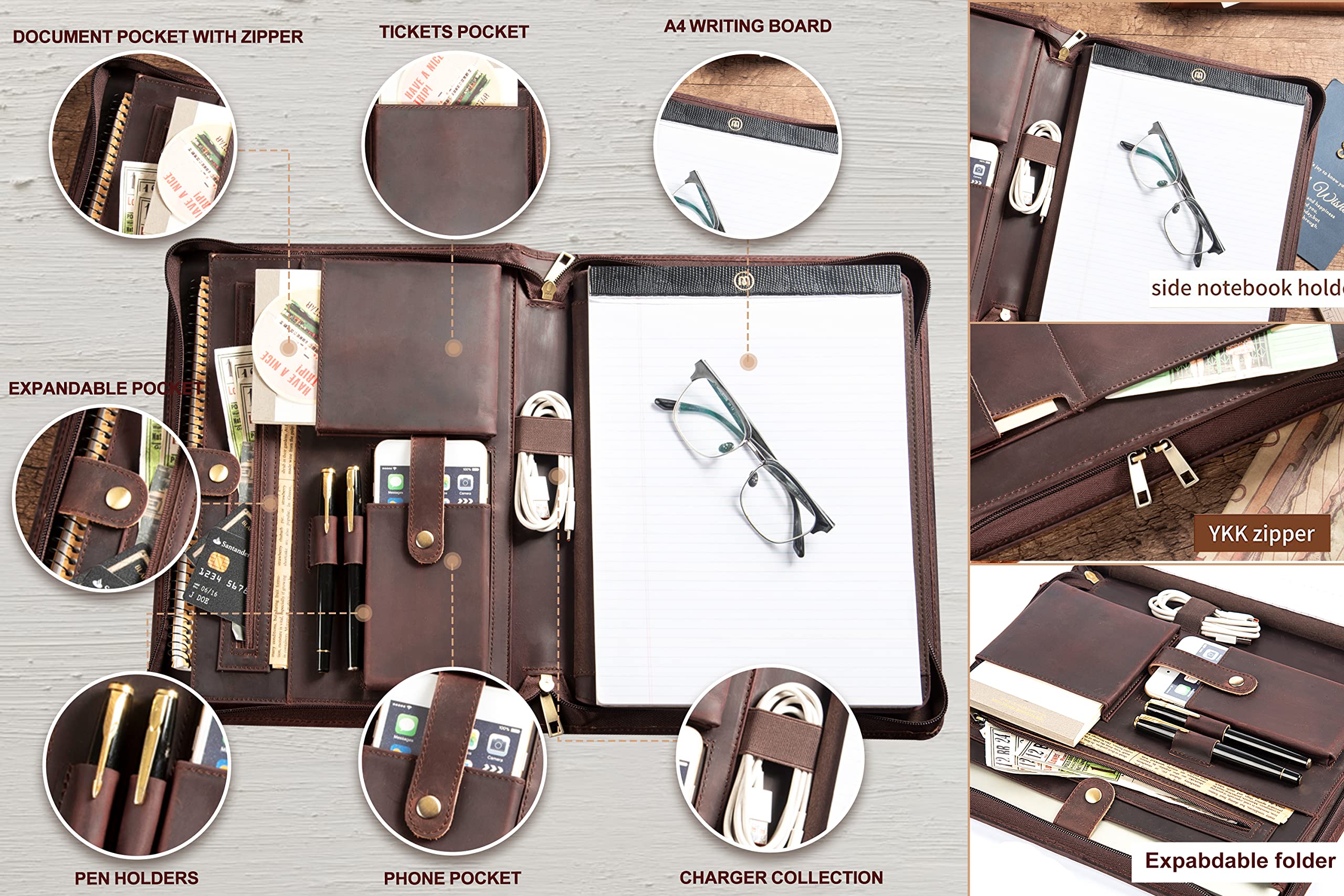 Premium Handmade Leather Portfolio for Men - Zippered Business Document Organizer with A4/Letter Size Capacity & iPad 12.9