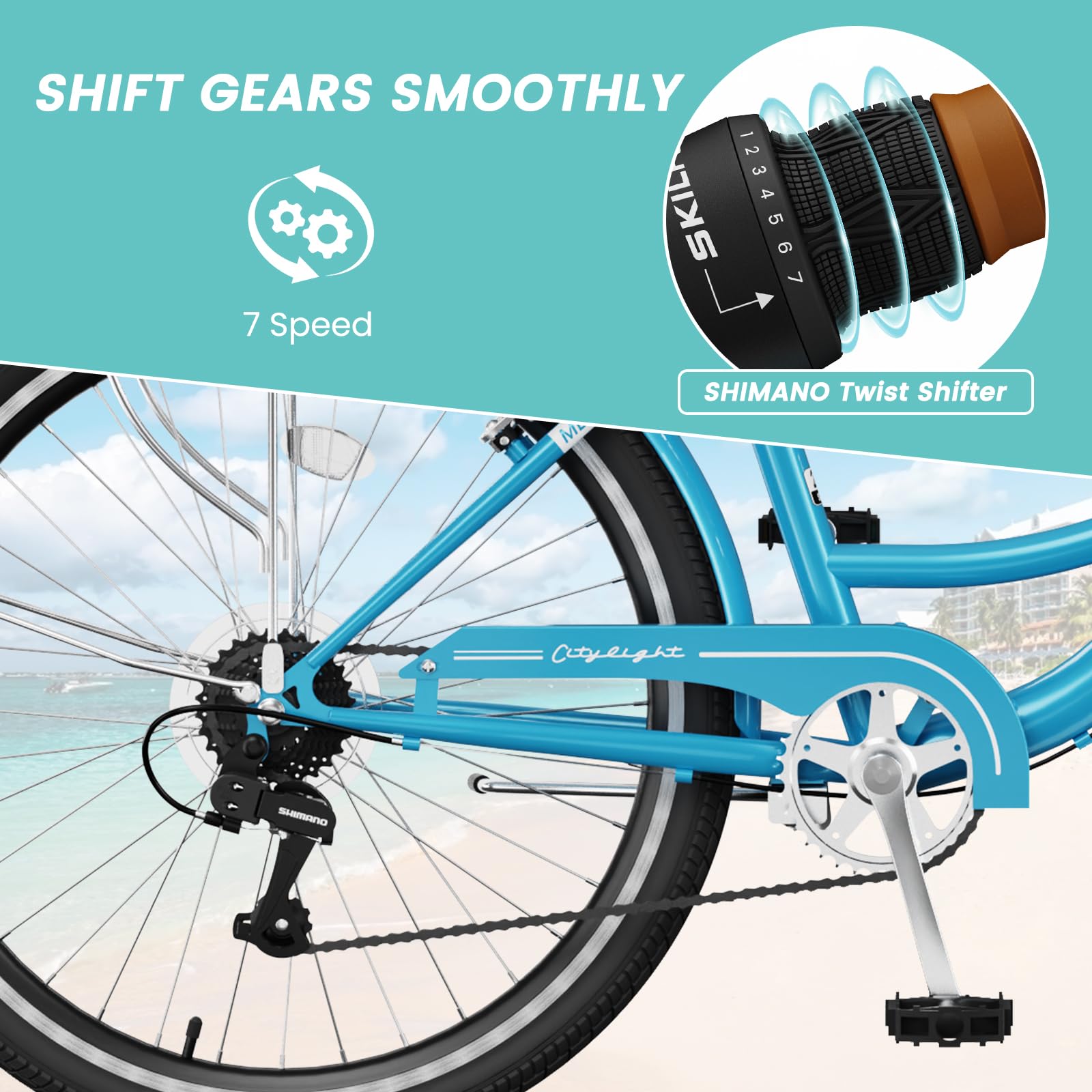 DoCred 24/26 Inch 7-Speed Lightweight Women's City Bicycle - Comfortable Beach Cruiser Bike with Rattan Front Basket & Lock - Perfect for Commuting, Leisure Rides & Beach Outings