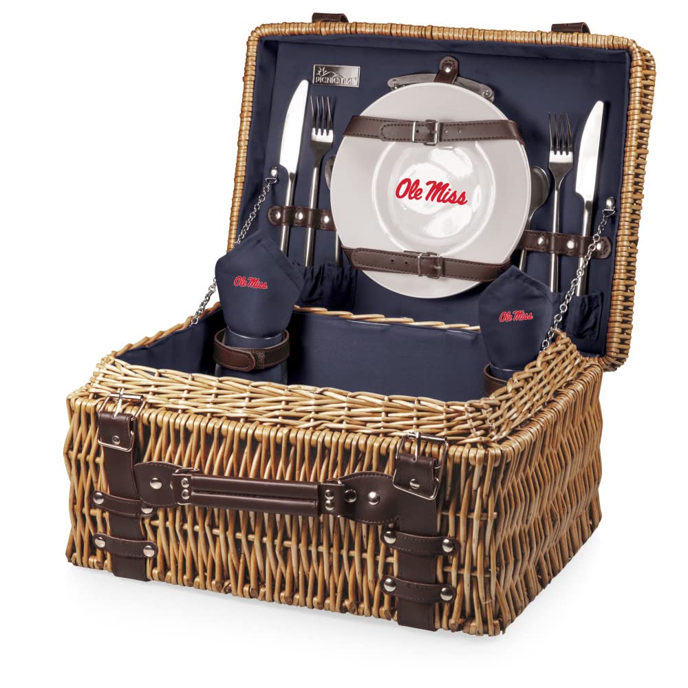 PICNIC TIME NCAA Mississippi Ole Miss Rebels Champion Picnic Basket for 2 - Premium Insulated Cooler with Plates, Utensils & Blanket - Perfect for Tailgating, Beach Outings & Romantic Picnics