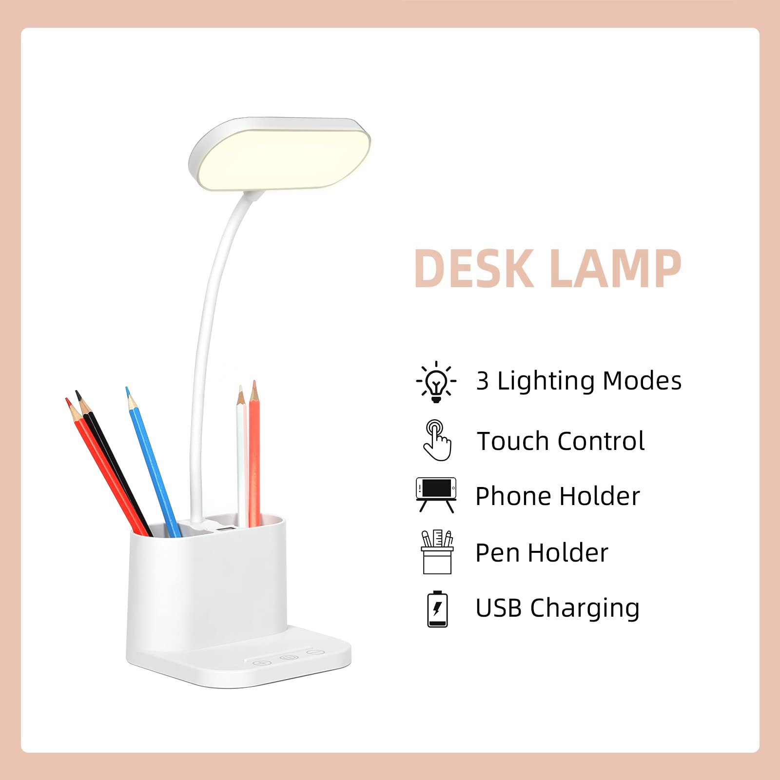 Owwasd Eye-Caring Desk Lamp with 3 Light Modes & Stepless Dimming, Flexible Gooseneck, USB Charging Port, Pen & Phone Holder - Touch Control Table Lamp for Study, Office, Reading, Home & Dorm Room Lighting