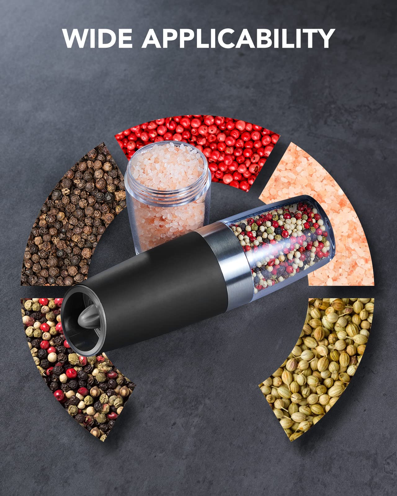 FORLIM Gravity Electric Salt and Pepper Grinder Set - Battery Powered Automatic Mill with Adjustable Coarseness & LED Light - One Hand Operation Premium Kitchen Gadget for Cooking, Dining & Spice Grinding (Black)