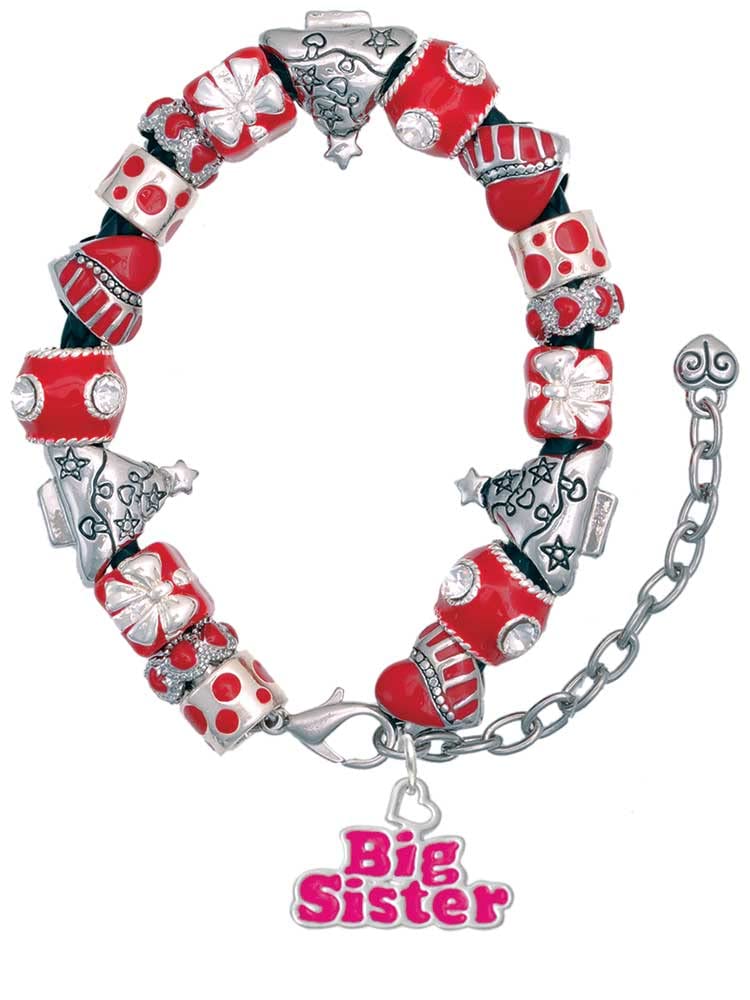Delight Jewelry Silvertone 'Big Sister' Heart Red Christmas Bead Bracelet - 7