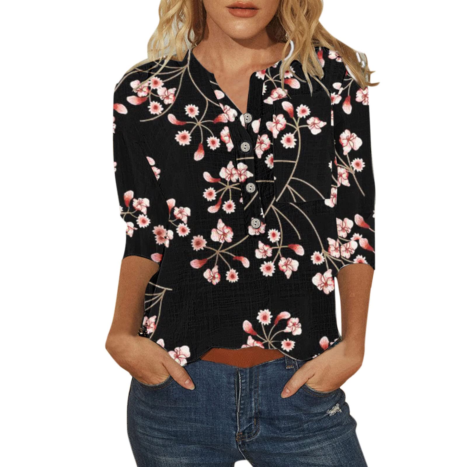 Women's Casual Floral Print Button-Up Long Sleeve T-Shirt - Black & White O-Neck Blouse for Everyday Wear, Office & Spring Outfits