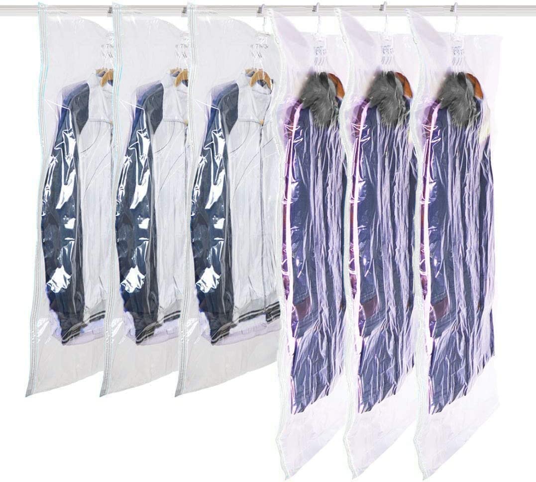 6 Pack Hanging Vacuum Storage Bags - Jumbo Space Saver Bags for Clothes, Coats & Dresses | Vacuum Sealer Storage Organizer | Perfect for Closet, Travel & Seasonal Clothing Protection