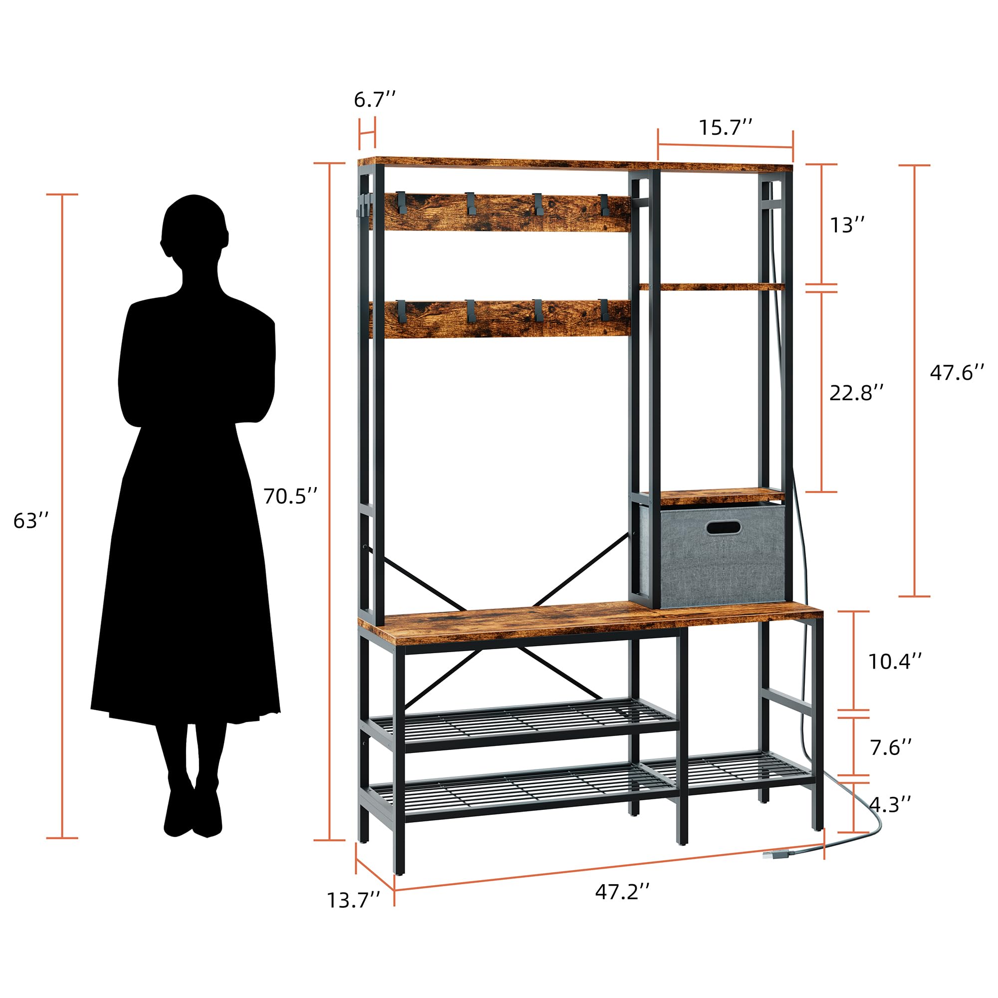 Shintenchi 5-in-1 Modern Hall Tree Coat Rack with LED Lights, Bench Shoe Storage & Removable Hooks - Entryway Organizer with Storage Basket for Hallway, Bedroom or Living Room (Brown) - Perfect for Small Spaces & Home Decor