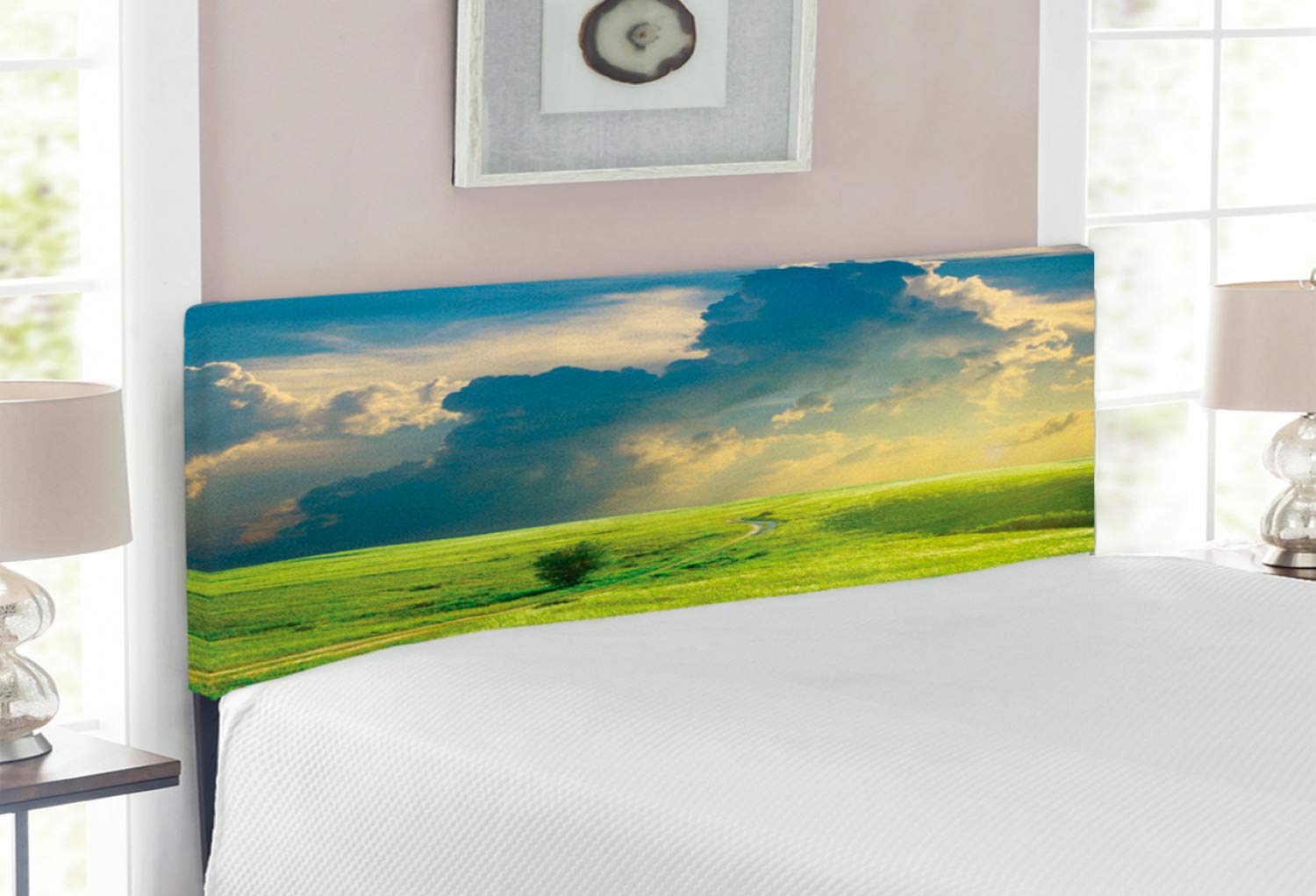 Ambesonne Nature Upholstered Headboard - Summer Landscape with Grass Road, Clouds & Rural View - Decorative Metal Bed Headboard with Memory Foam - Full Size Blue Green - Perfect for Bedroom, Guest Room & Vacation Home Decor