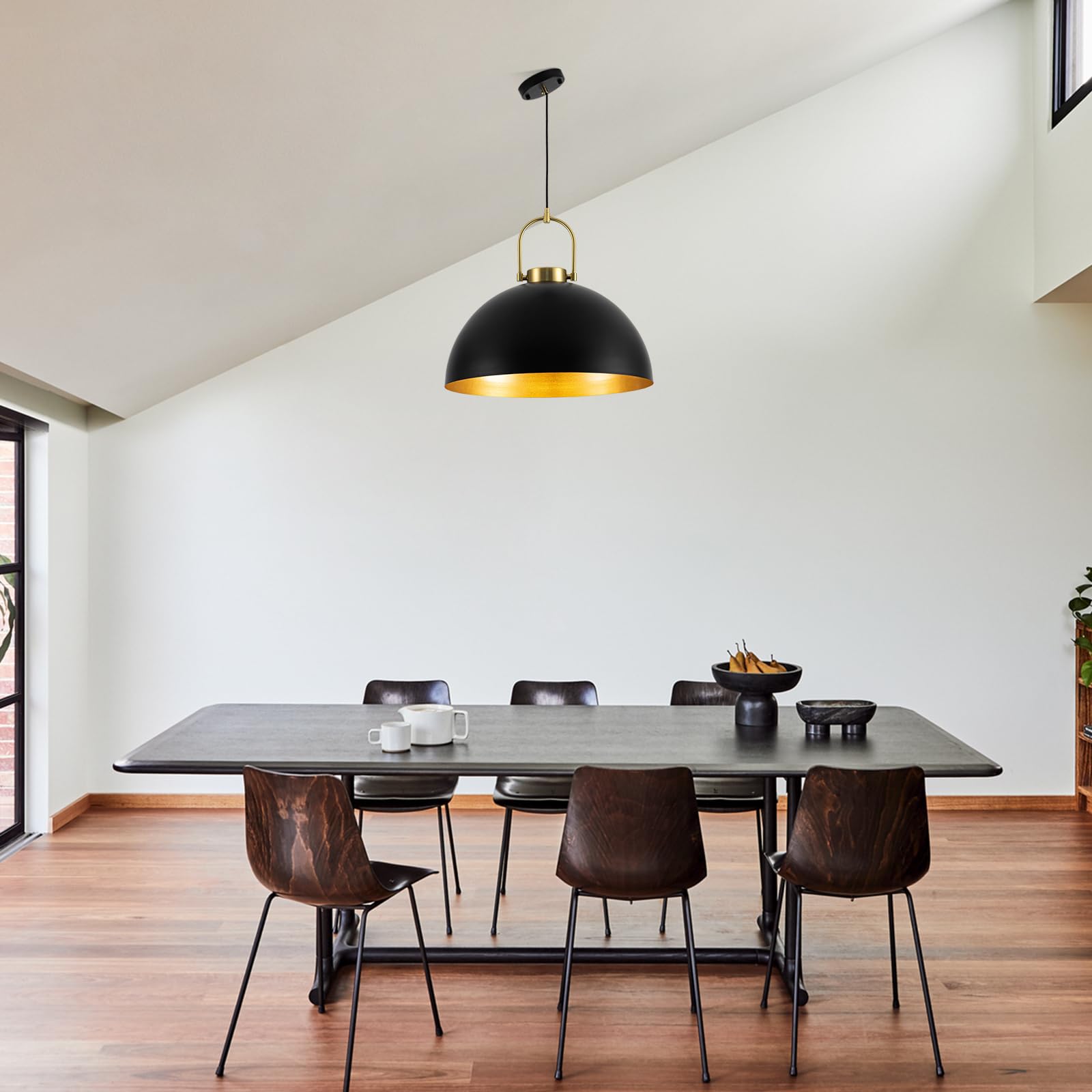 Black Industrial Pendant Light Fixtures - Large Dome Chandelier, Modern Space-Saving Hanging Lamp (19.69 Inch) for Kitchen Island, Dining Room, Living Room & Hallway | Perfect for Farmhouse, Loft & Contemporary Home Decor