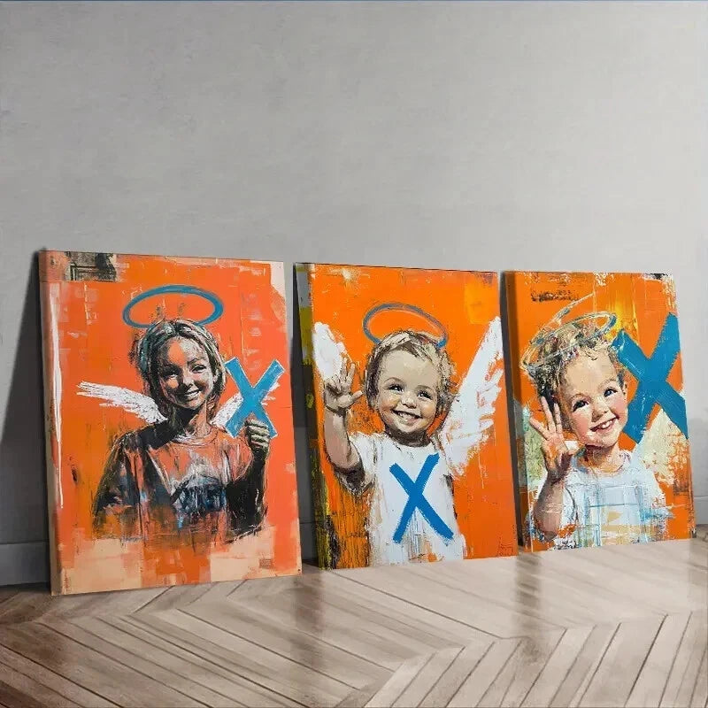 3pcs Abstract Angel Trio Wall Art Set - Orange & Blue Accent Canvas Framed Paintings 50x70cm - High Quality Print 100% Australian Made - Ready to Hang for Living Room, Bedroom & Office Decor
